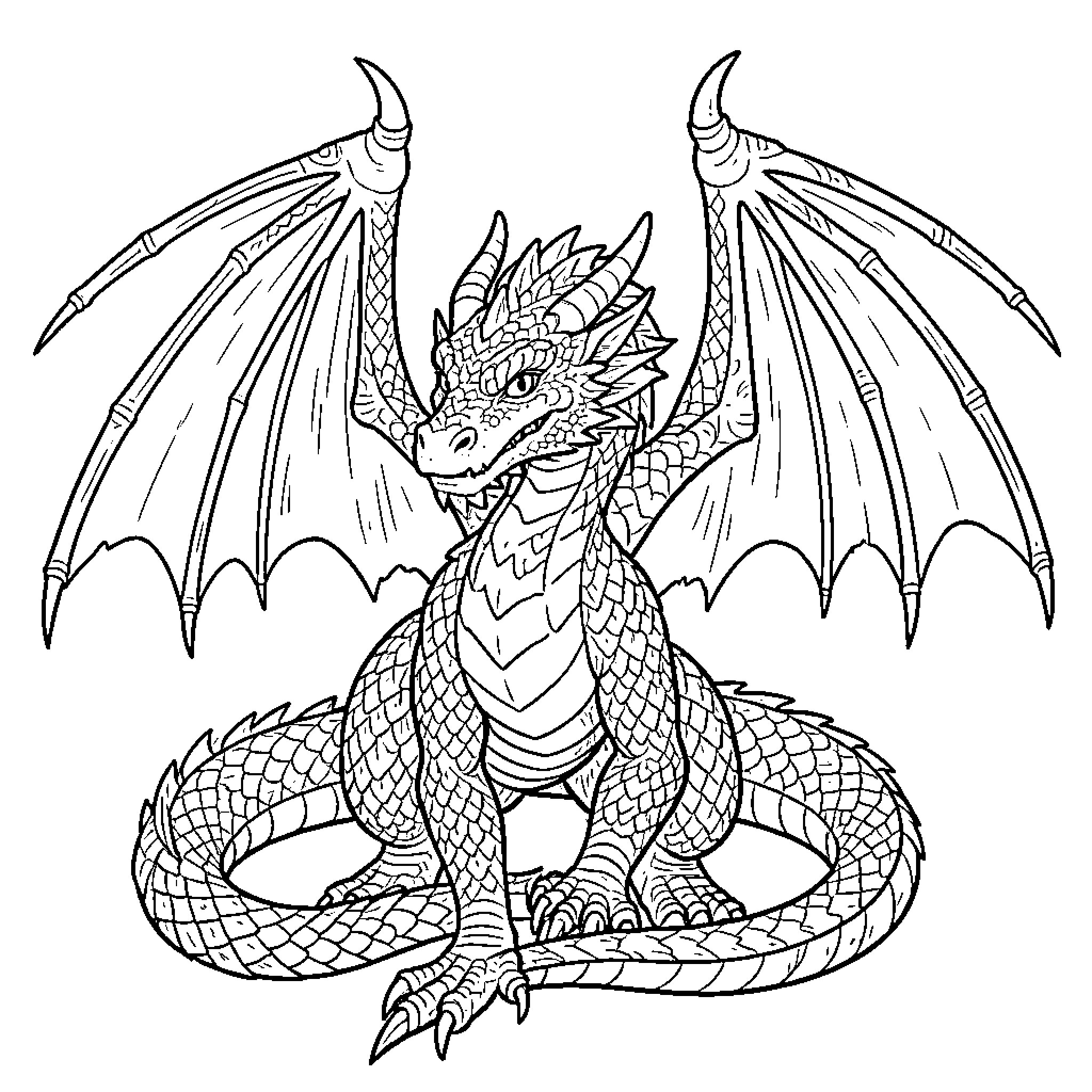 Dragon spreading wings and sitting proudly Coloring Page (free black-and-white line drawing printable PDF for all, from beginners to advanced learners, including children, teens, adults, and seniors)
