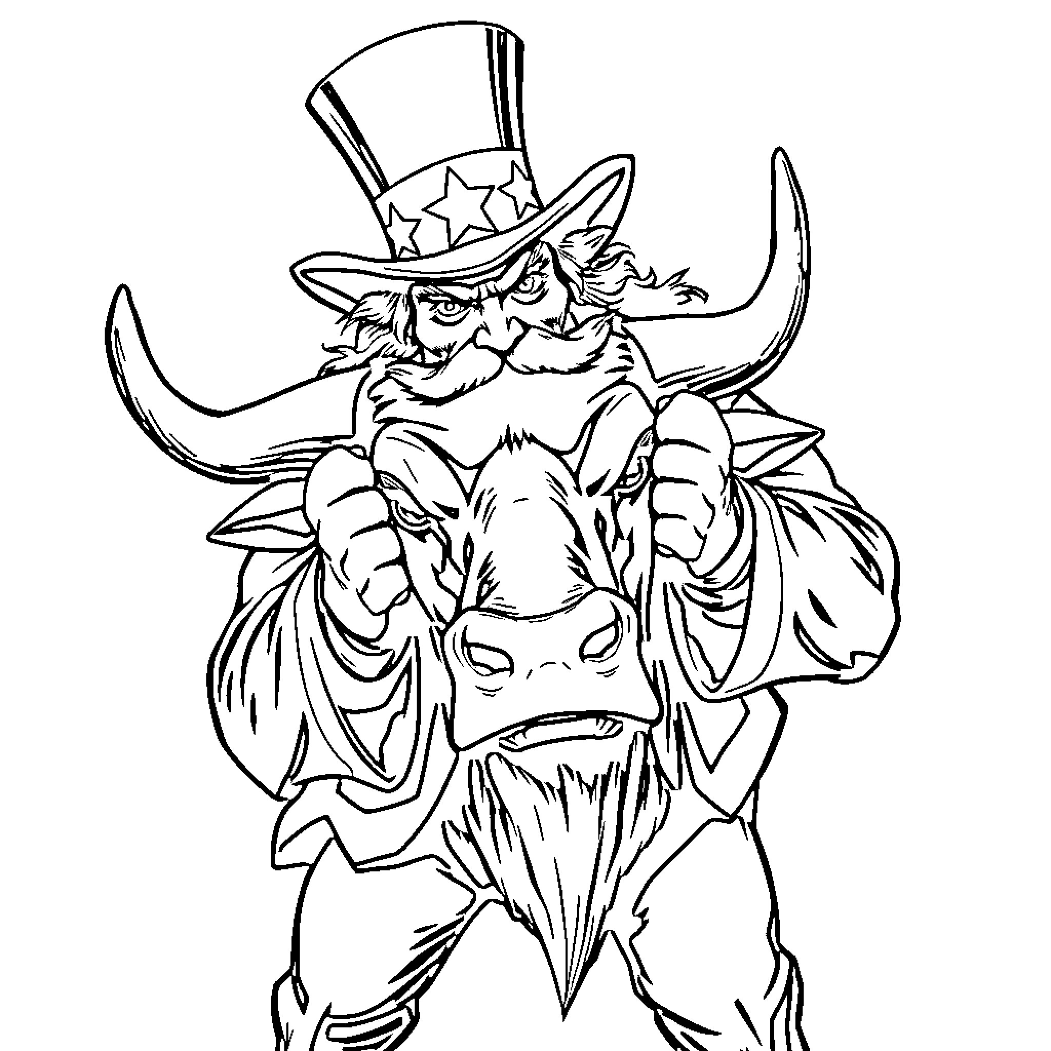 Uncle Sam depicted as a fierce, patriotic creature Coloring Page (free black-and-white line drawing printable PDF for all, from beginners to advanced learners, including children, teens, adults, and seniors)