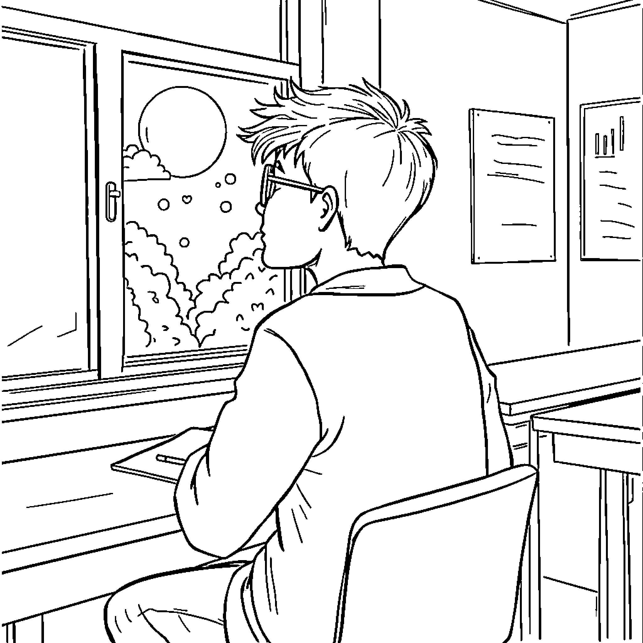 Student Gazing Out of Classroom Window Coloring Page (free black-and-white line drawing printable PDF for all, from beginners to advanced learners, including children, teens, adults, and seniors)