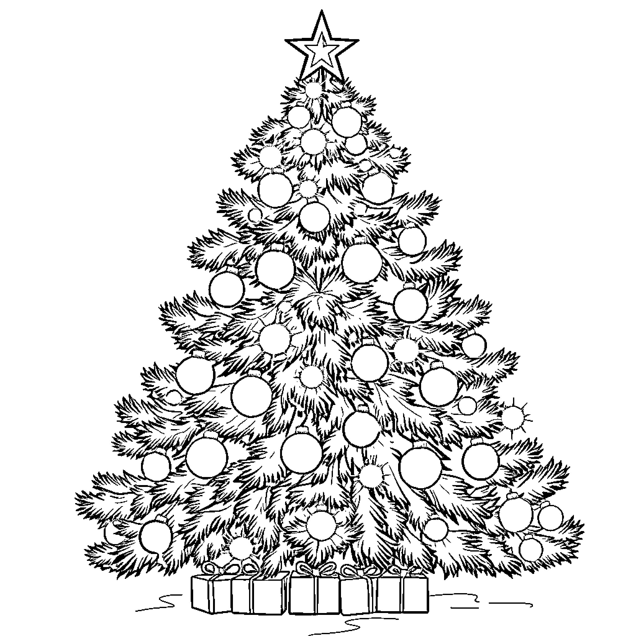 Christmas Tree with Decorations and Presents Coloring Page (free black-and-white line drawing printable PDF for all, from beginners to advanced learners, including children, teens, adults, and seniors)