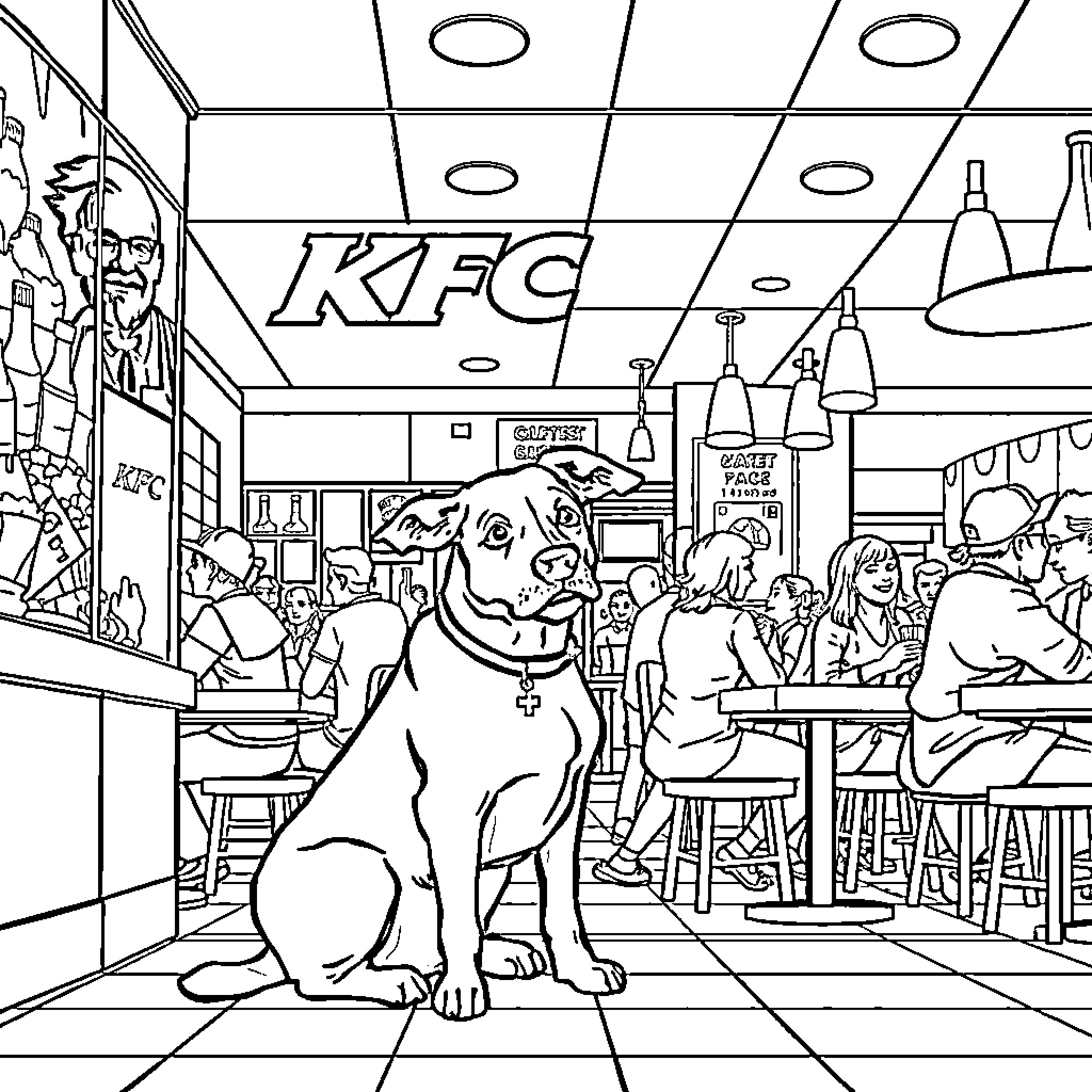 Cattle Dog sitting in a fast food restaurant Coloring Page (free black-and-white line drawing printable PDF for all, from beginners to advanced learners, including children, teens, adults, and seniors)