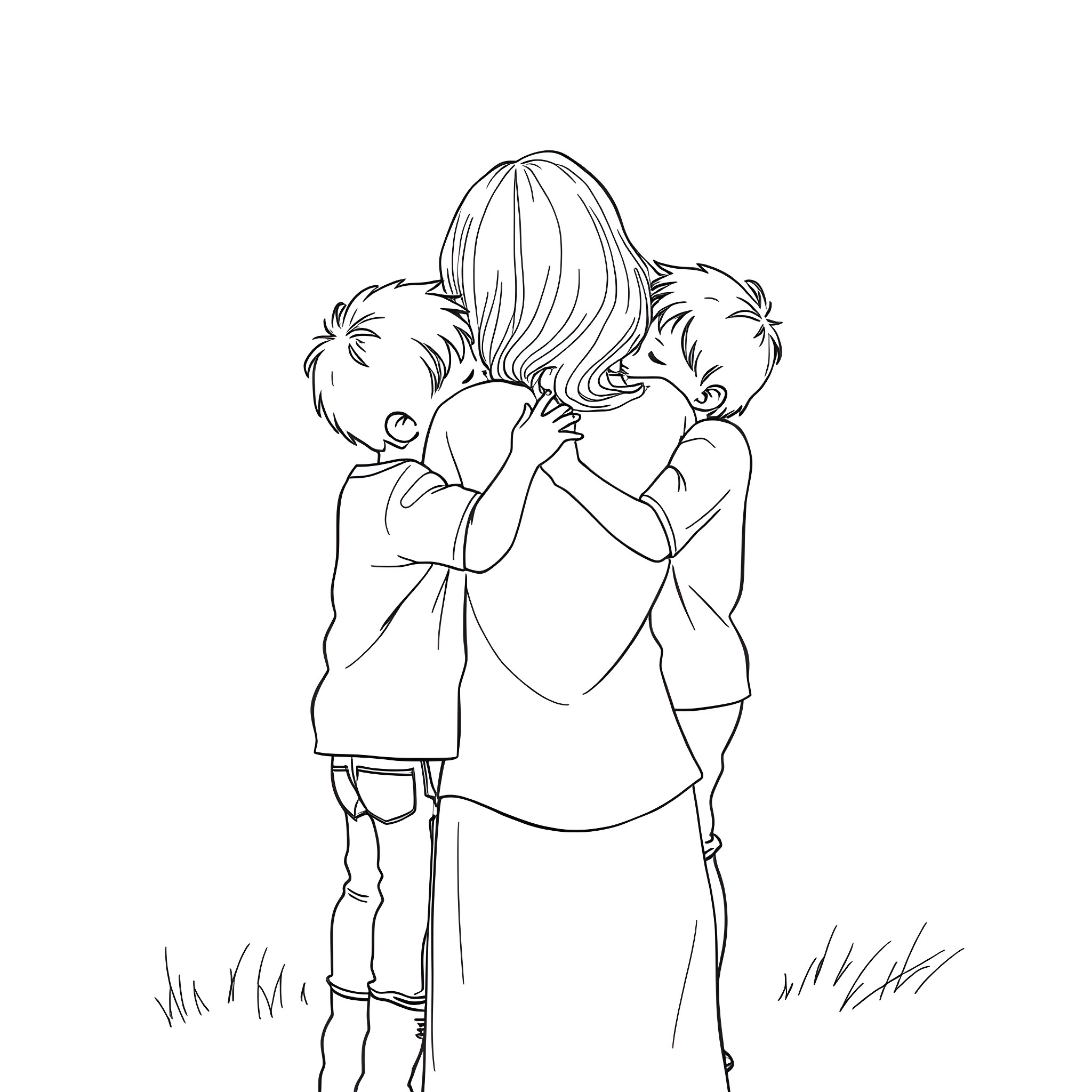 Mother embracing her children lovingly Coloring Page (free black-and-white line drawing printable PDF for all, from beginners to advanced learners, including children, teens, adults, and seniors)