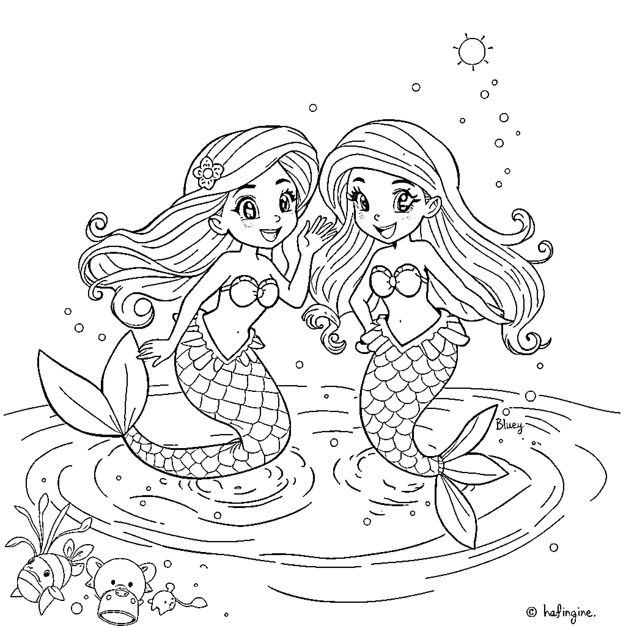 Bluey Mermaids Enjoying the Underwater World Coloring Page (free black-and-white line drawing printable PDF for all, from beginners to advanced learners, including children, teens, adults, and seniors)
