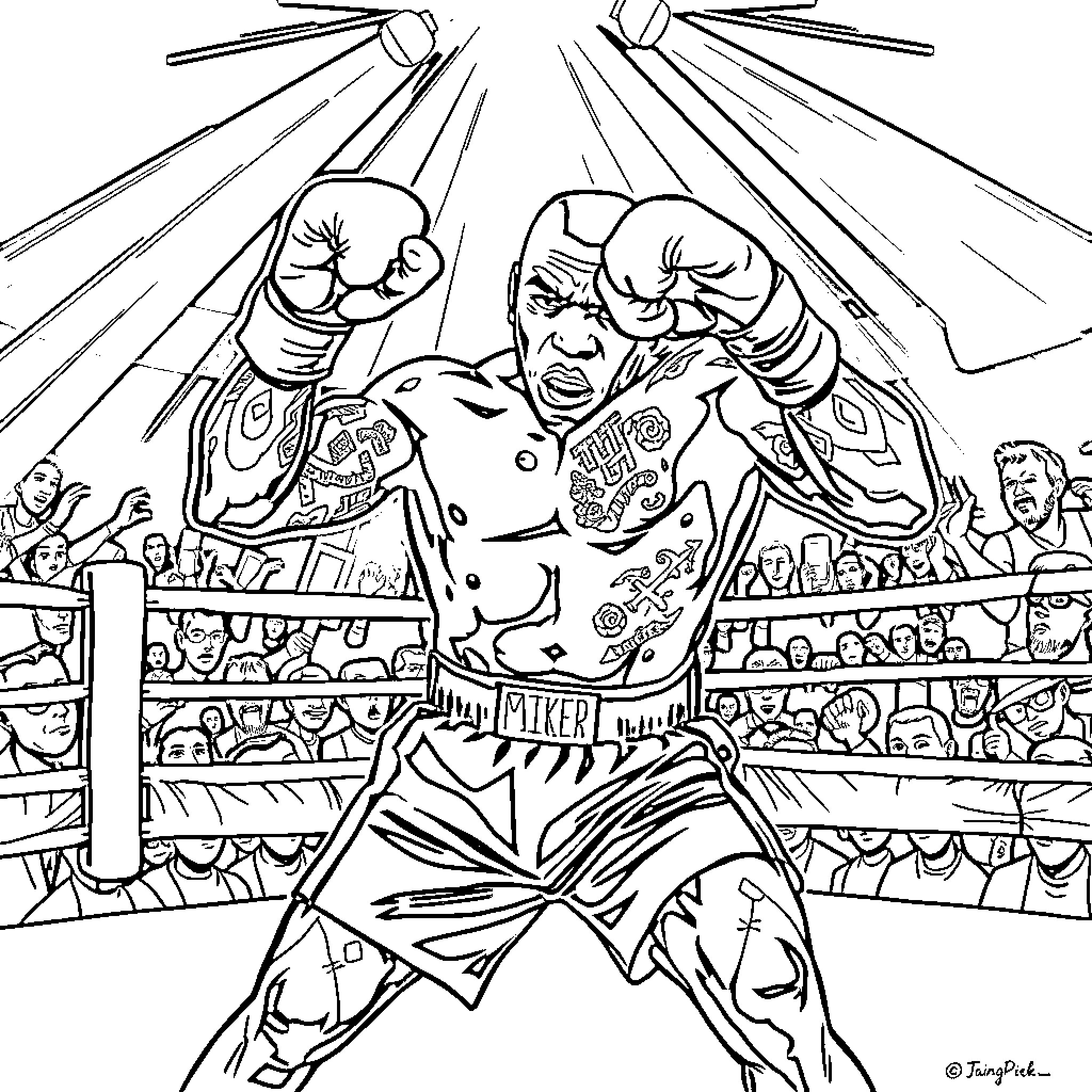 Mike Tyson Boxing in the Ring Coloring Page (free black-and-white line drawing printable PDF for all, from beginners to advanced learners, including children, teens, adults, and seniors)