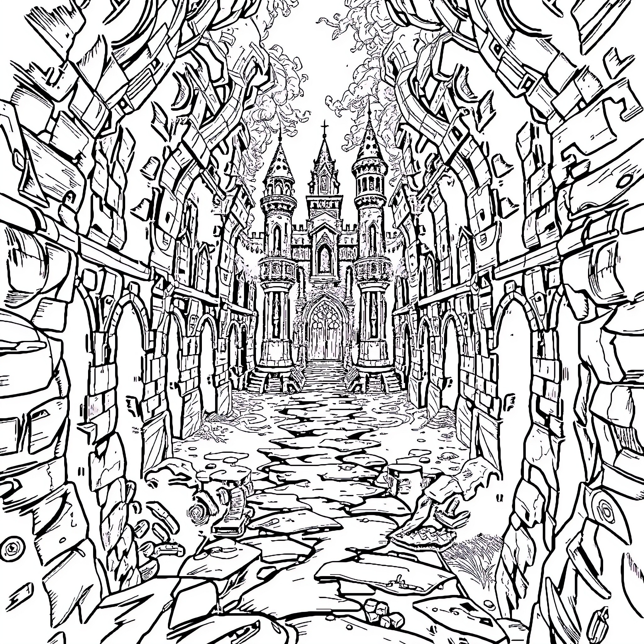 Demon Slayer: Intricate Castle Hallway Coloring Page (free black-and-white line drawing printable PDF for all, from beginners to advanced learners, including children, teens, adults, and seniors)