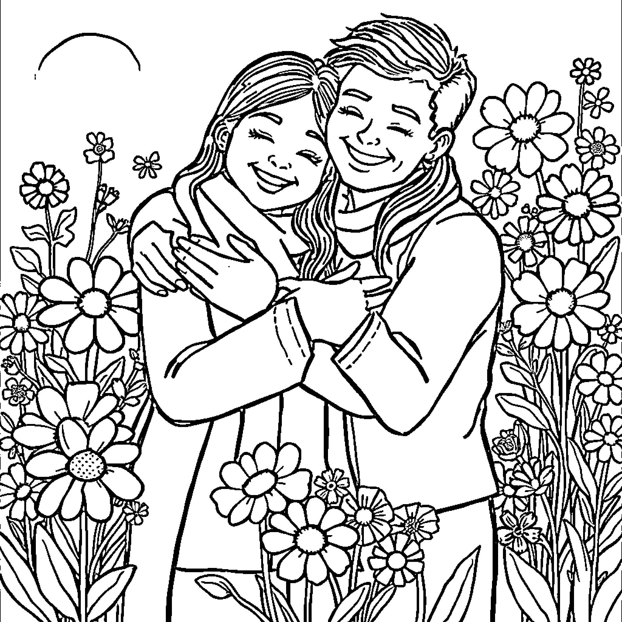 Gratitude for Intimate Embrace in Floral Garden Coloring Page (free black-and-white line drawing printable PDF for all, from beginners to advanced learners, including children, teens, adults, and seniors)