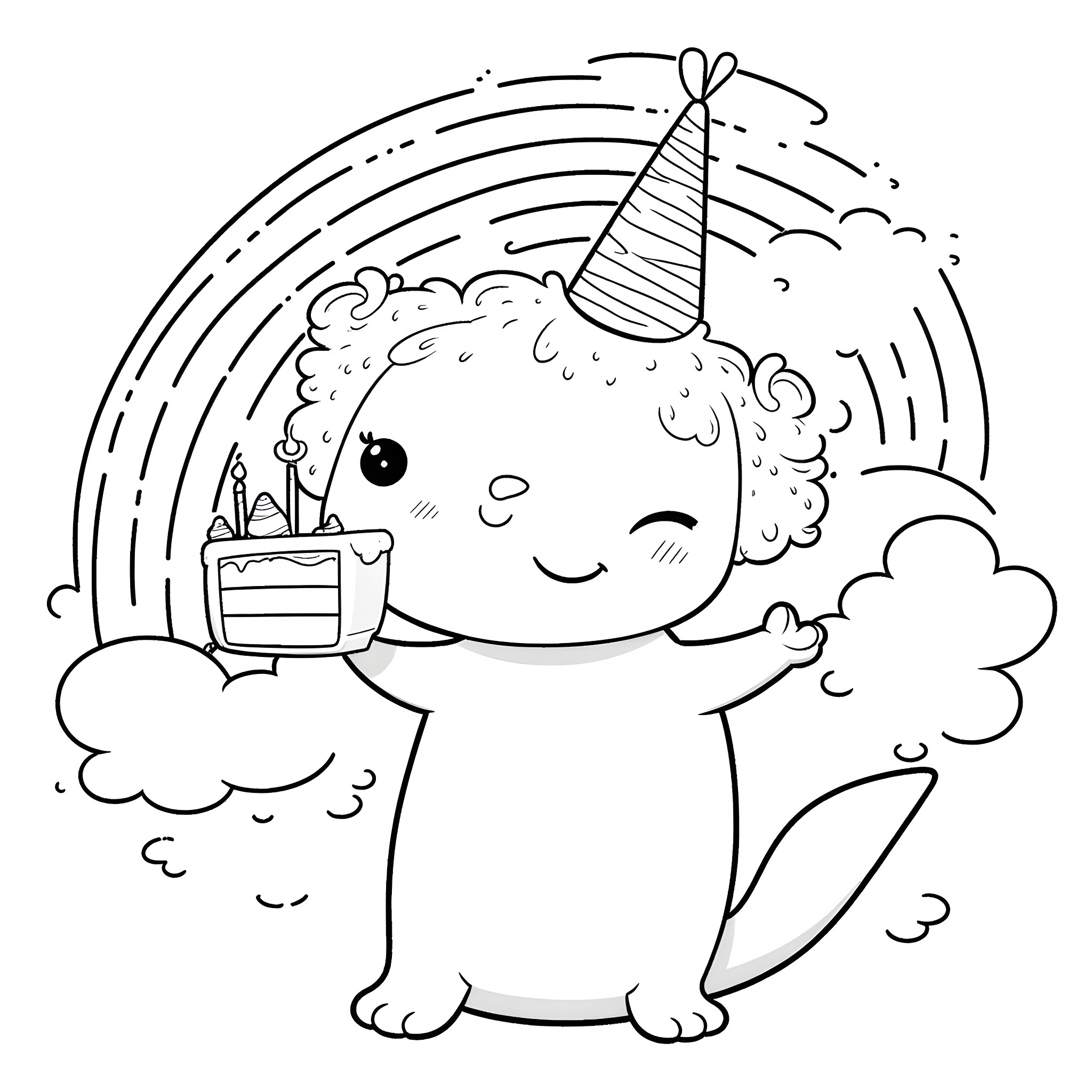 Axolotl celebrating with cake and party hat Coloring Page (free black-and-white line drawing printable PDF for all, from beginners to advanced learners, including children, teens, adults, and seniors)