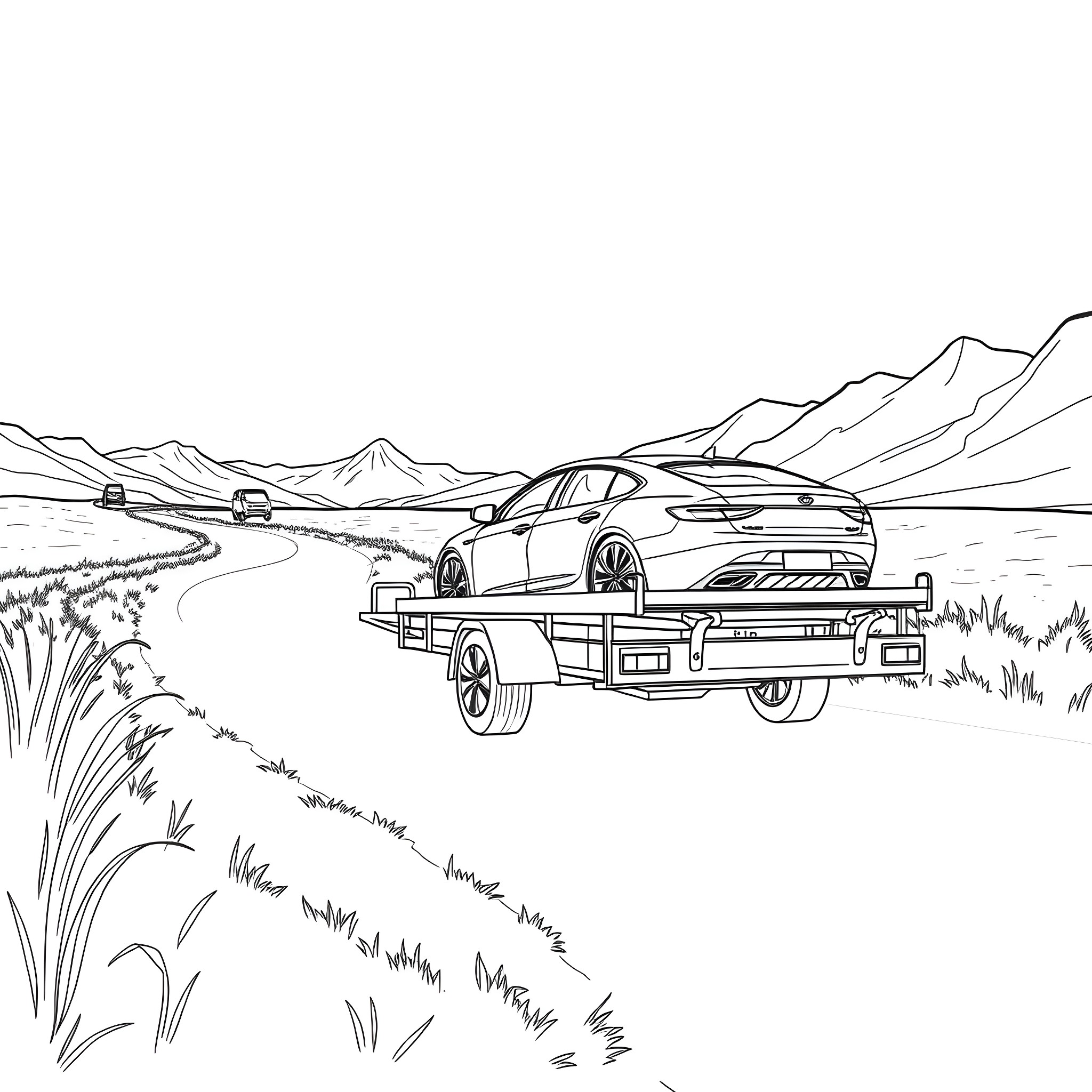 Car Trailer Hauling Vehicle on Scenic Mountain Road Coloring Page (free black-and-white line drawing printable PDF for all, from beginners to advanced learners, including children, teens, adults, and seniors)