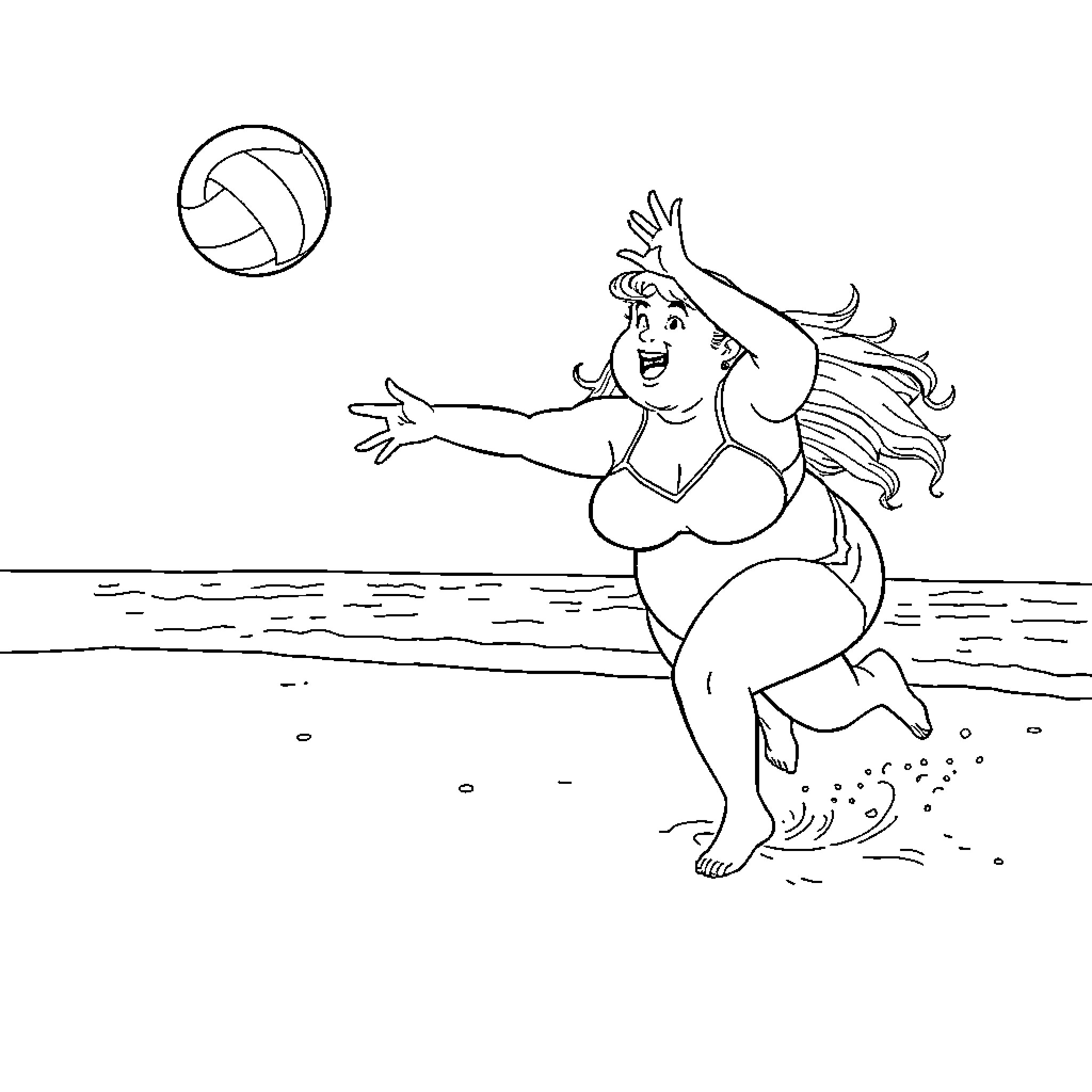 Woman playing joyfully with volleyball on beach Coloring Page (free black-and-white line drawing printable PDF for all, from beginners to advanced learners, including children, teens, adults, and seniors)