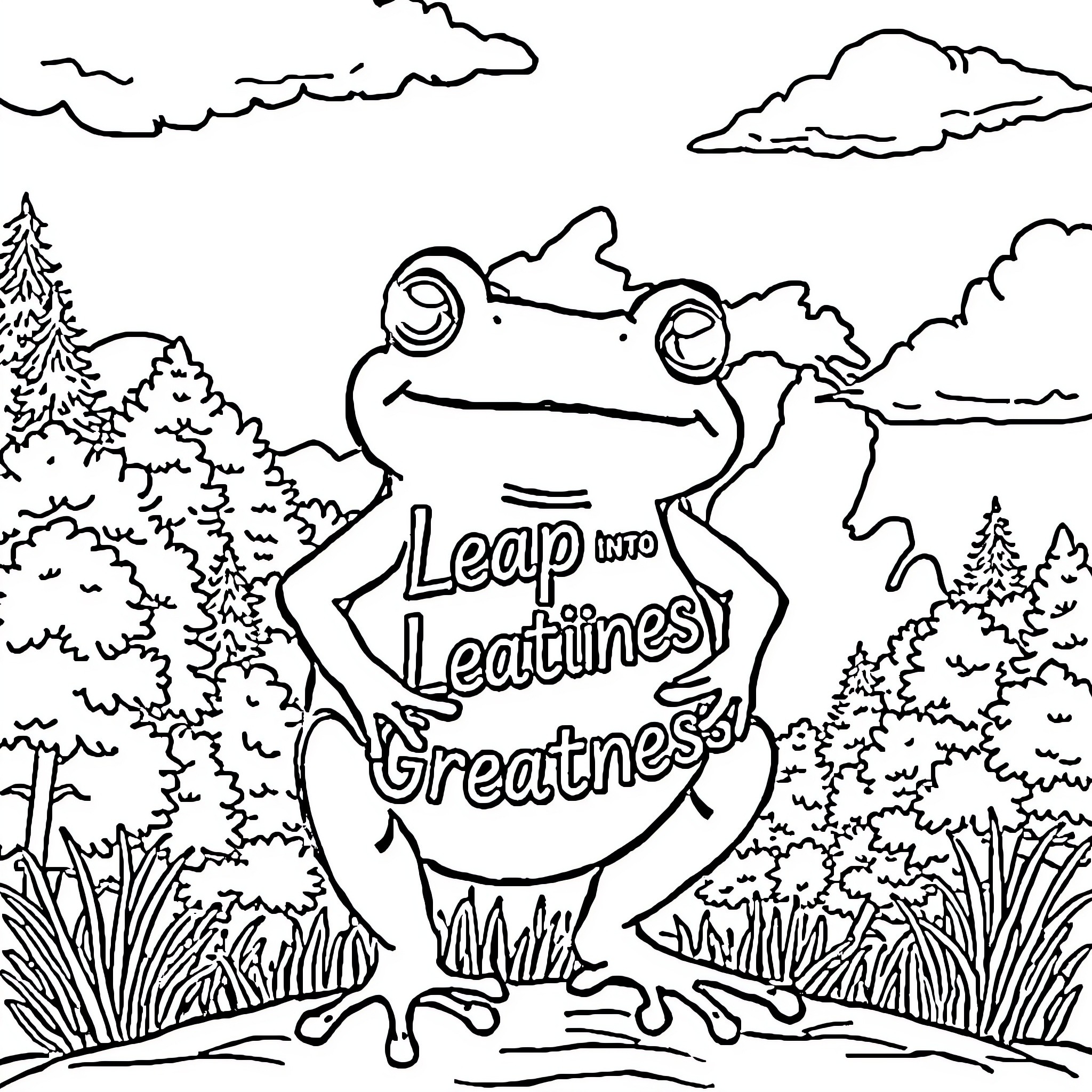 Frog leaping into greatness Coloring Page (free black-and-white line drawing printable PDF for all, from beginners to advanced learners, including children, teens, adults, and seniors)