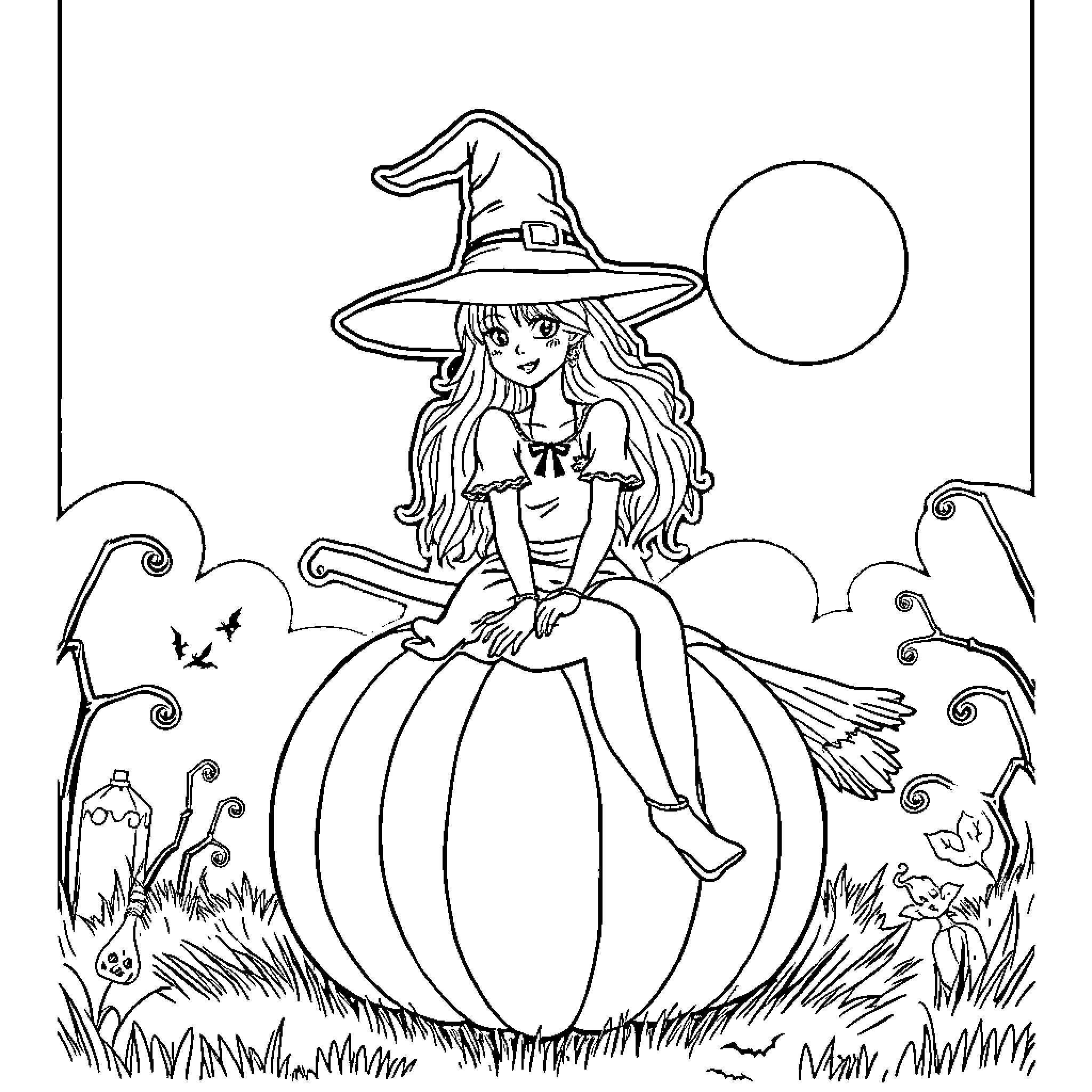 Witch sitting on a pumpkin with magical elements Coloring Page (free black-and-white line drawing printable PDF for all, from beginners to advanced learners, including children, teens, adults, and seniors)