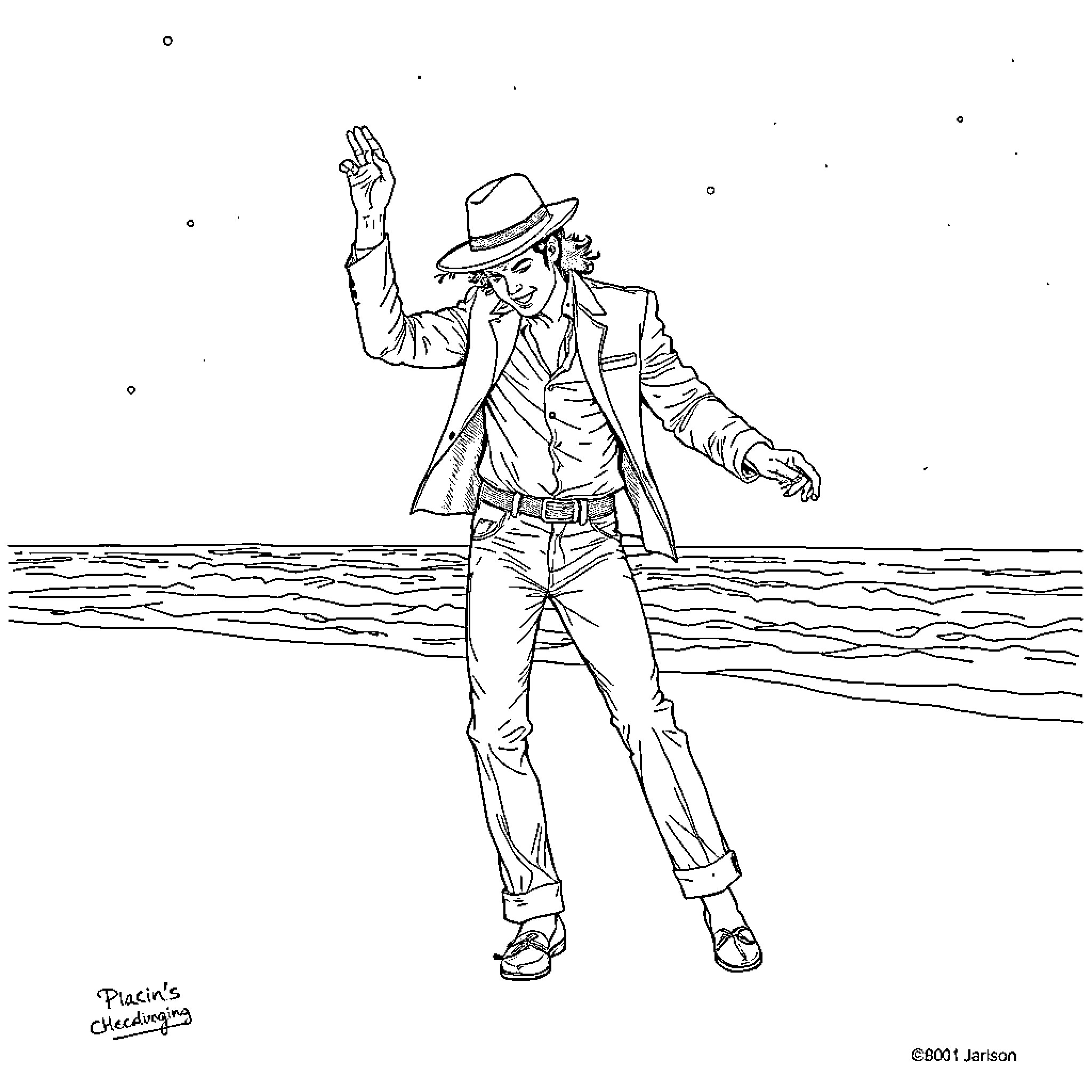 Michael Jackson dancing in a hat and jacket Coloring Page (free black-and-white line drawing printable PDF for all, from beginners to advanced learners, including children, teens, adults, and seniors)