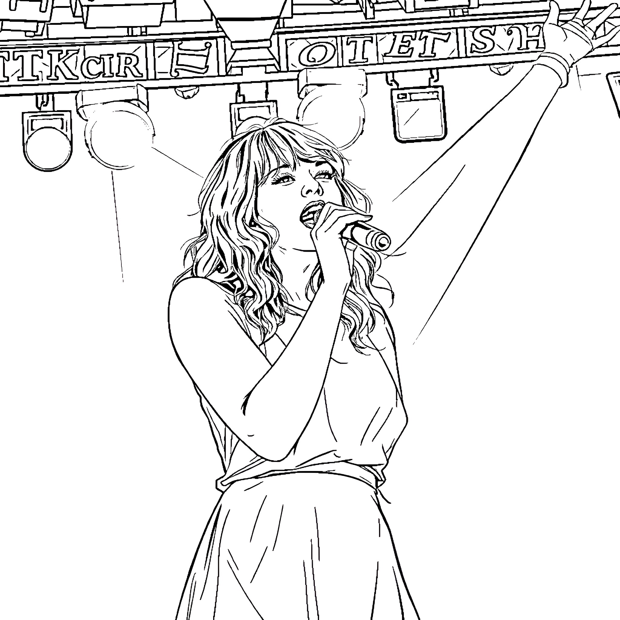 Taylor Swift performing passionately on stage Coloring Page (free black-and-white line drawing printable PDF for all, from beginners to advanced learners, including children, teens, adults, and seniors)