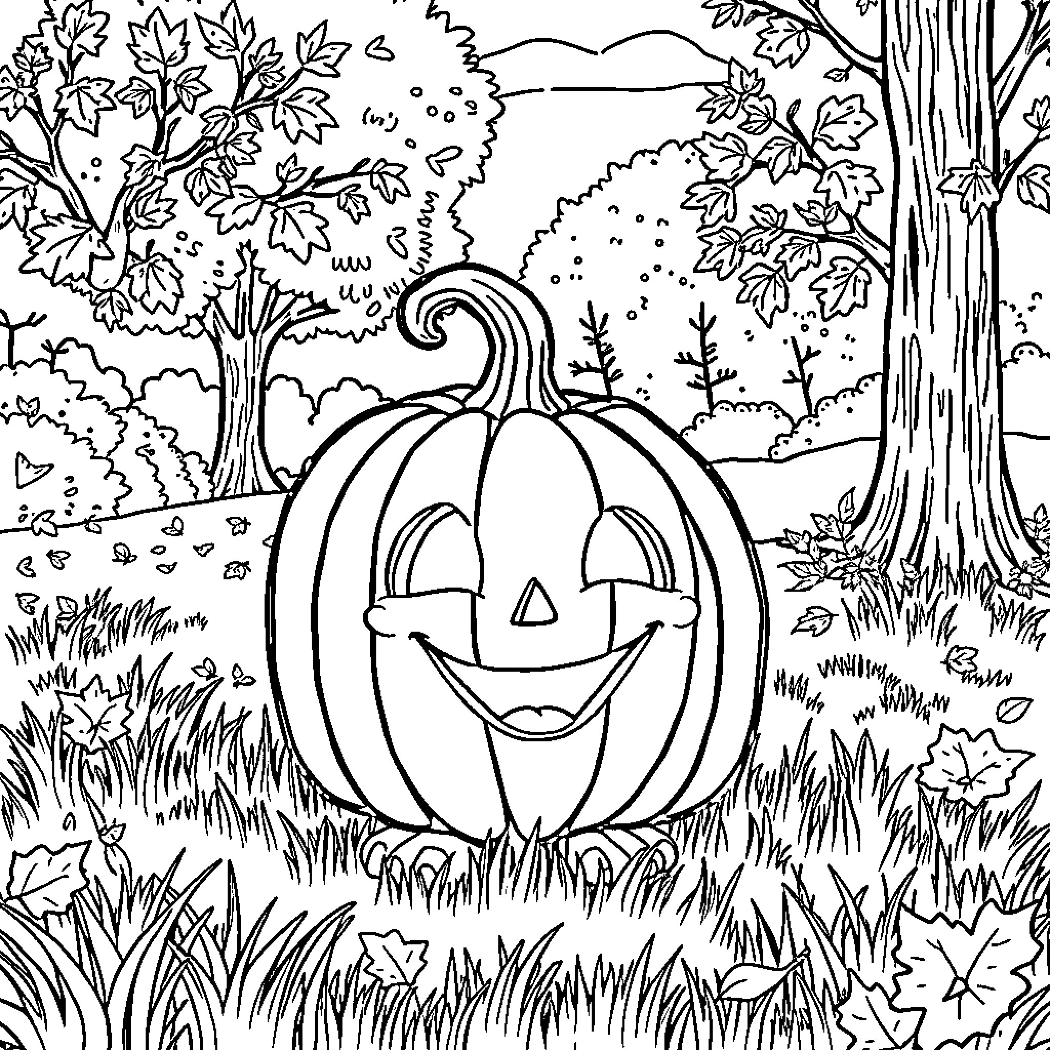 Spookley's Pumpkin Adventure in the Enchanted Forest Coloring Page (free black-and-white line drawing printable PDF for all, from beginners to advanced learners, including children, teens, adults, and seniors)
