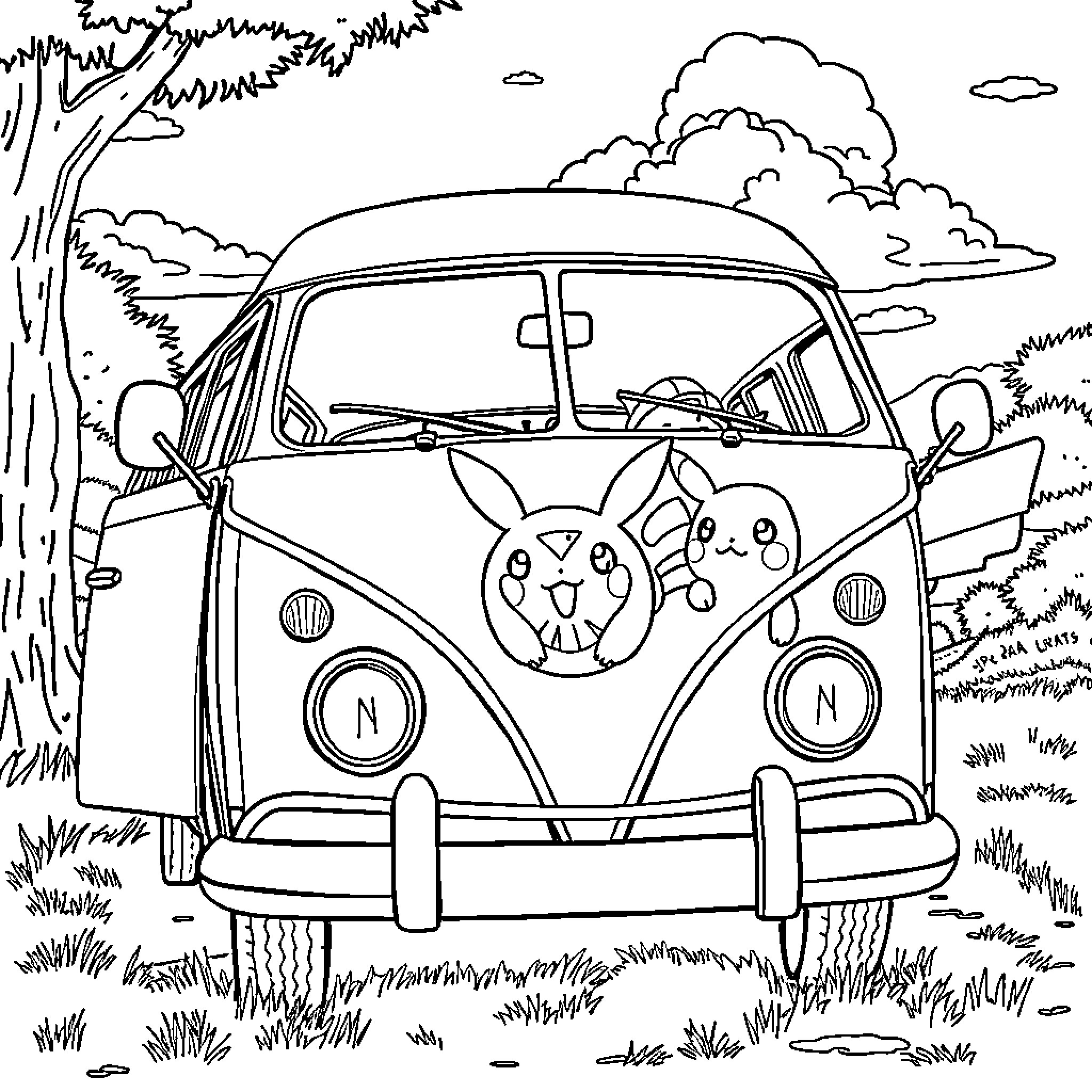 Pokémon characters riding in a classic van Coloring Page (free black-and-white line drawing printable PDF for all, from beginners to advanced learners, including children, teens, adults, and seniors)