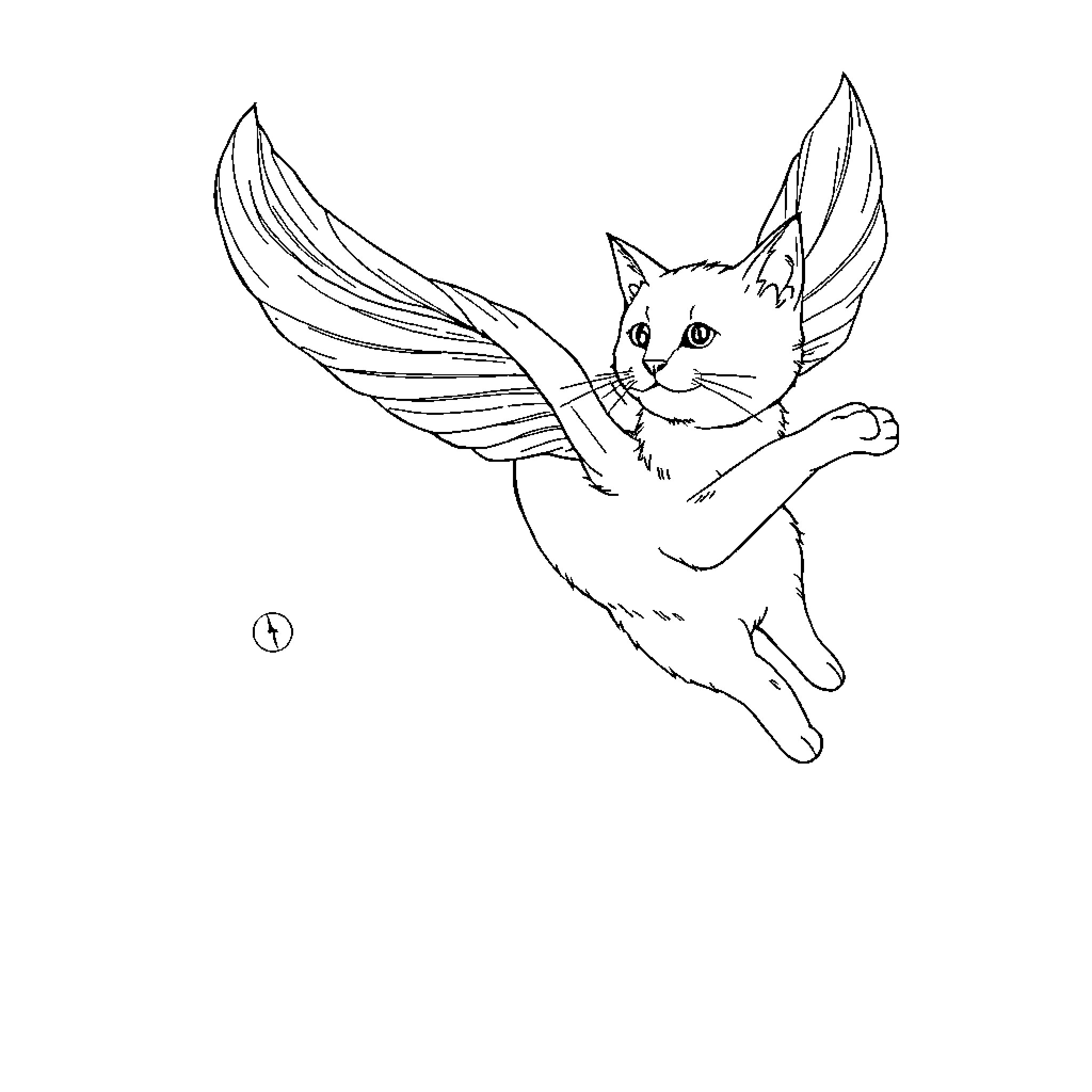 Cat with wings flying playfully Coloring Page (free black-and-white line drawing printable PDF for all, from beginners to advanced learners, including children, teens, adults, and seniors)