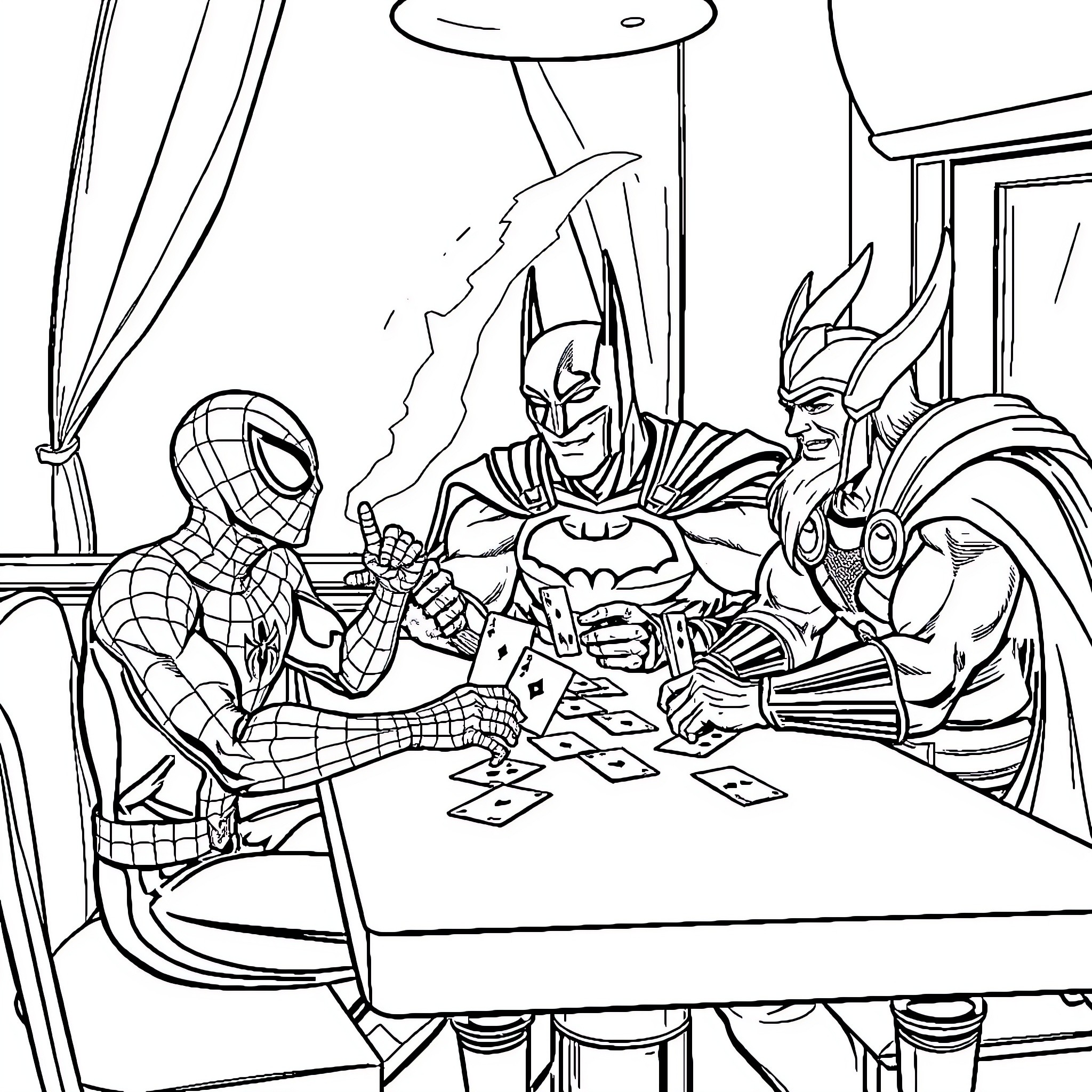 Spiderman playing cards with superheroes Coloring Page (free black-and-white line drawing printable PDF for all, from beginners to advanced learners, including children, teens, adults, and seniors)