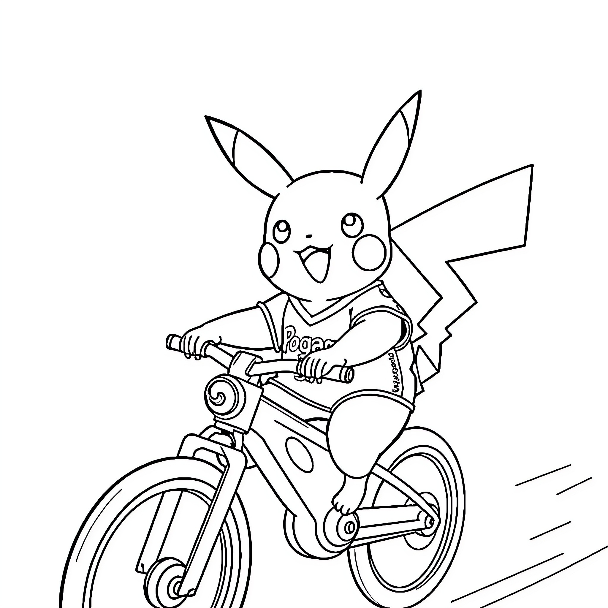 Pikachu riding a bicycle happily Coloring Page (free black-and-white line drawing printable PDF for all, from beginners to advanced learners, including children, teens, adults, and seniors)