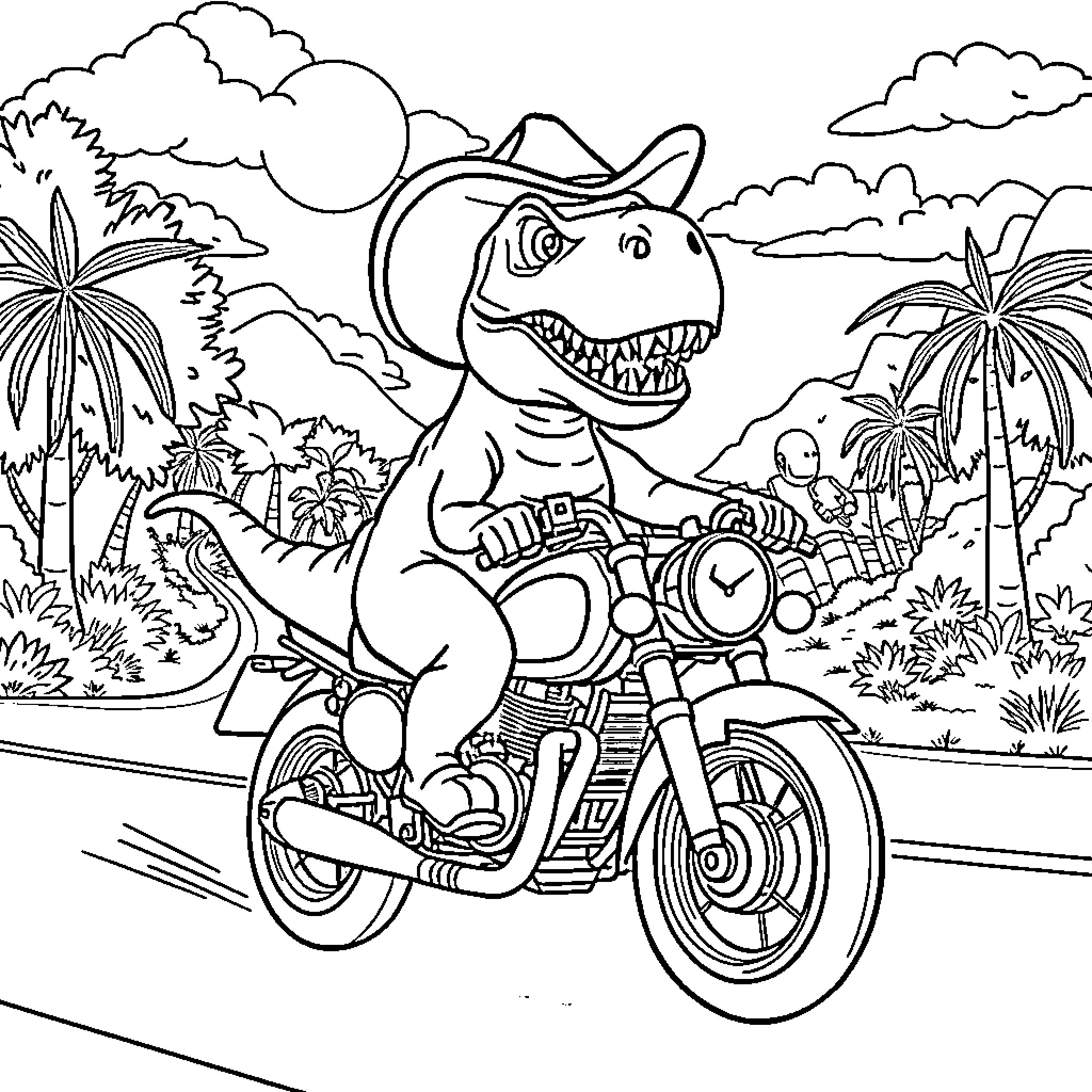 Dino riding a motorcycle in the jungle Coloring Page (free black-and-white line drawing printable PDF for all, from beginners to advanced learners, including children, teens, adults, and seniors)