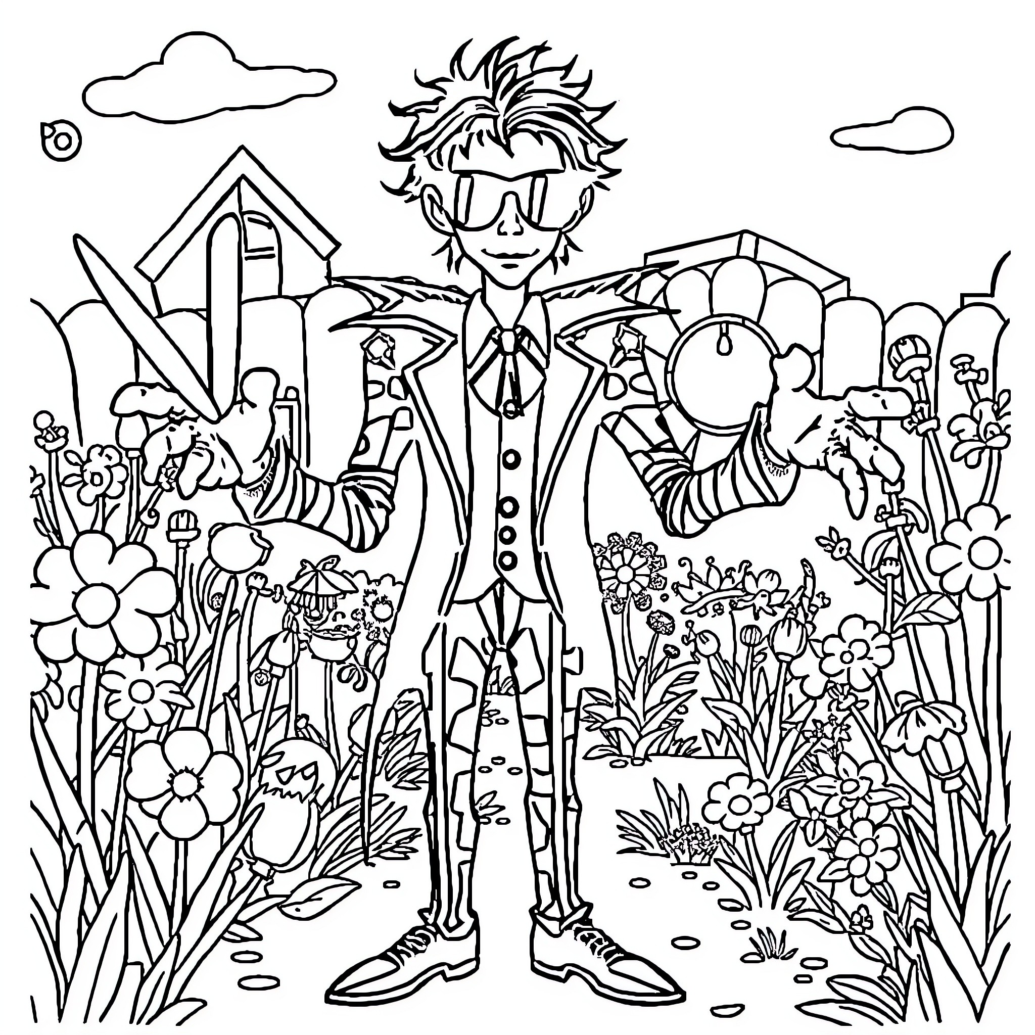 Edward Scissorhands enjoying nature's whimsical playground Coloring Page (free black-and-white line drawing printable PDF for all, from beginners to advanced learners, including children, teens, adults, and seniors)