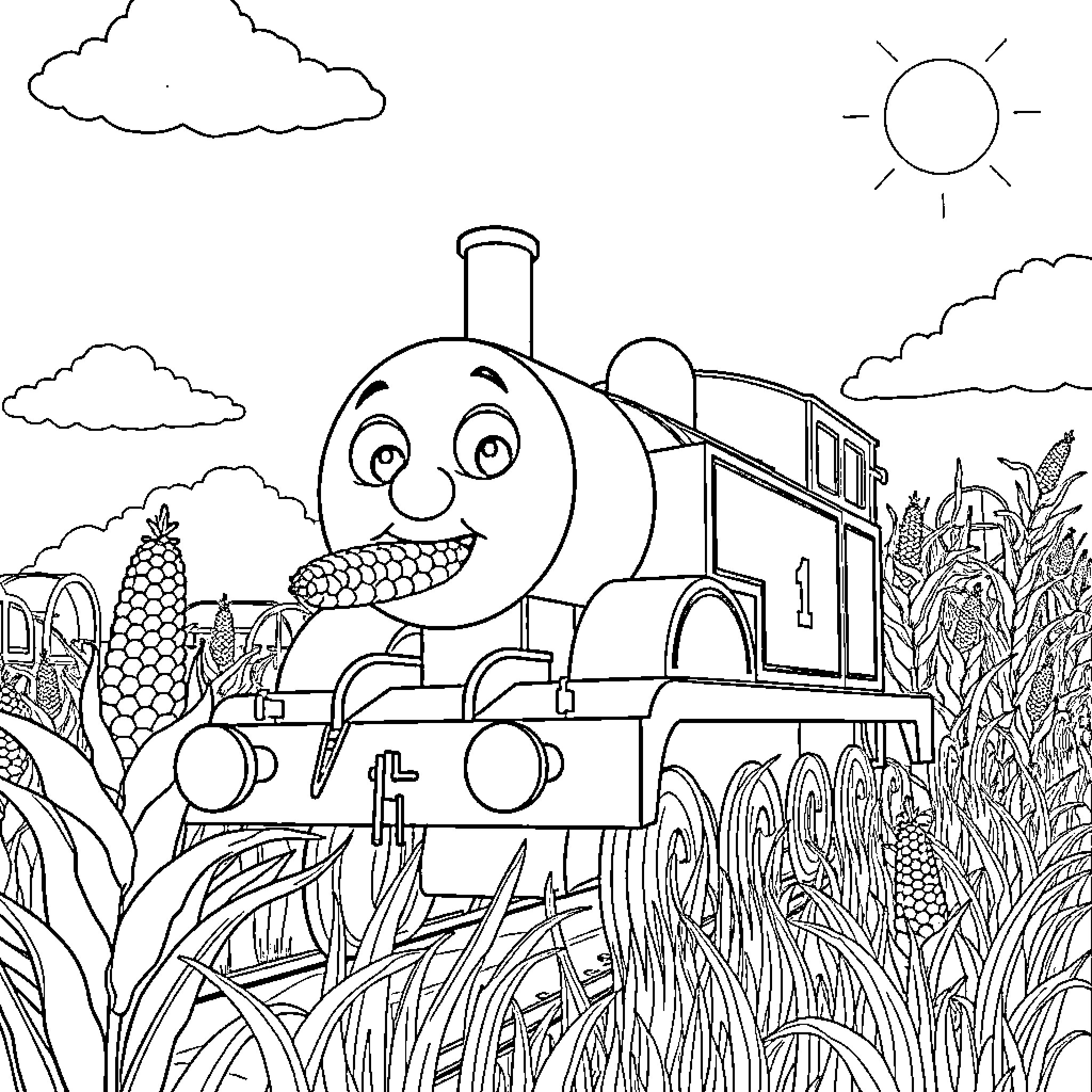 Thomas the Happy Train Exploring the Countryside Coloring Page (free black-and-white line drawing printable PDF for all, from beginners to advanced learners, including children, teens, adults, and seniors)