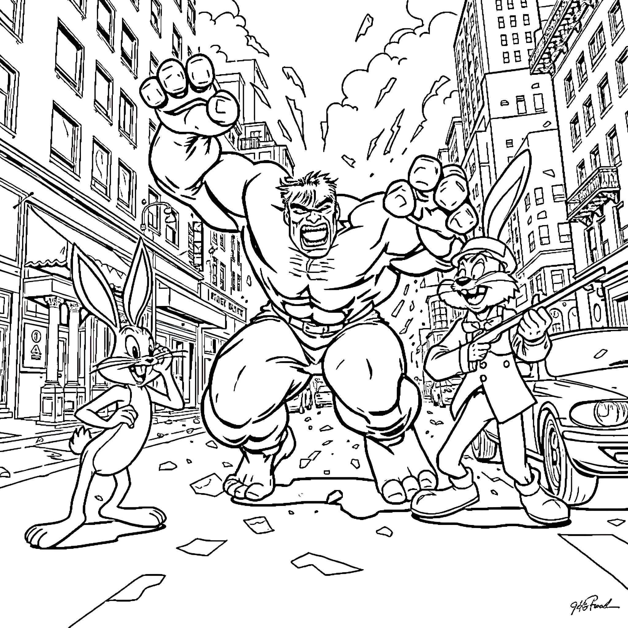 Hulk Rampaging Through the City with Cartoon Characters Coloring Page (free black-and-white line drawing printable PDF for all, from beginners to advanced learners, including children, teens, adults, and seniors)