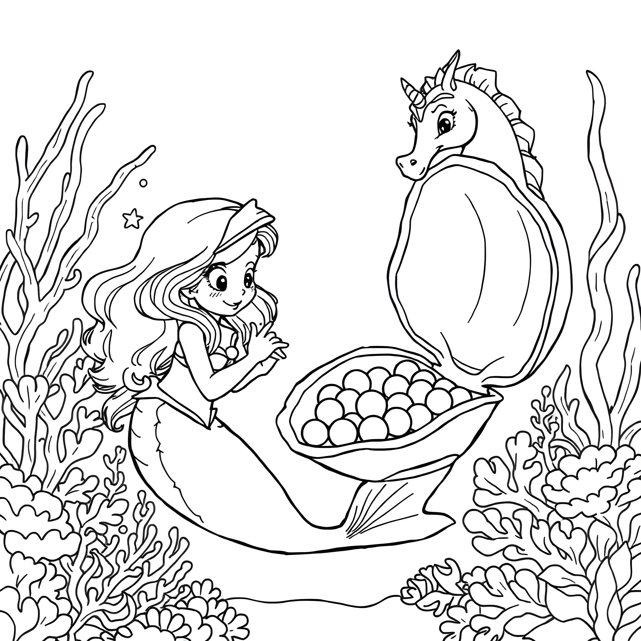Mermaid and Seahorse Swimming in Coral Reef Coloring Page (free black-and-white line drawing printable PDF for all, from beginners to advanced learners, including children, teens, adults, and seniors)