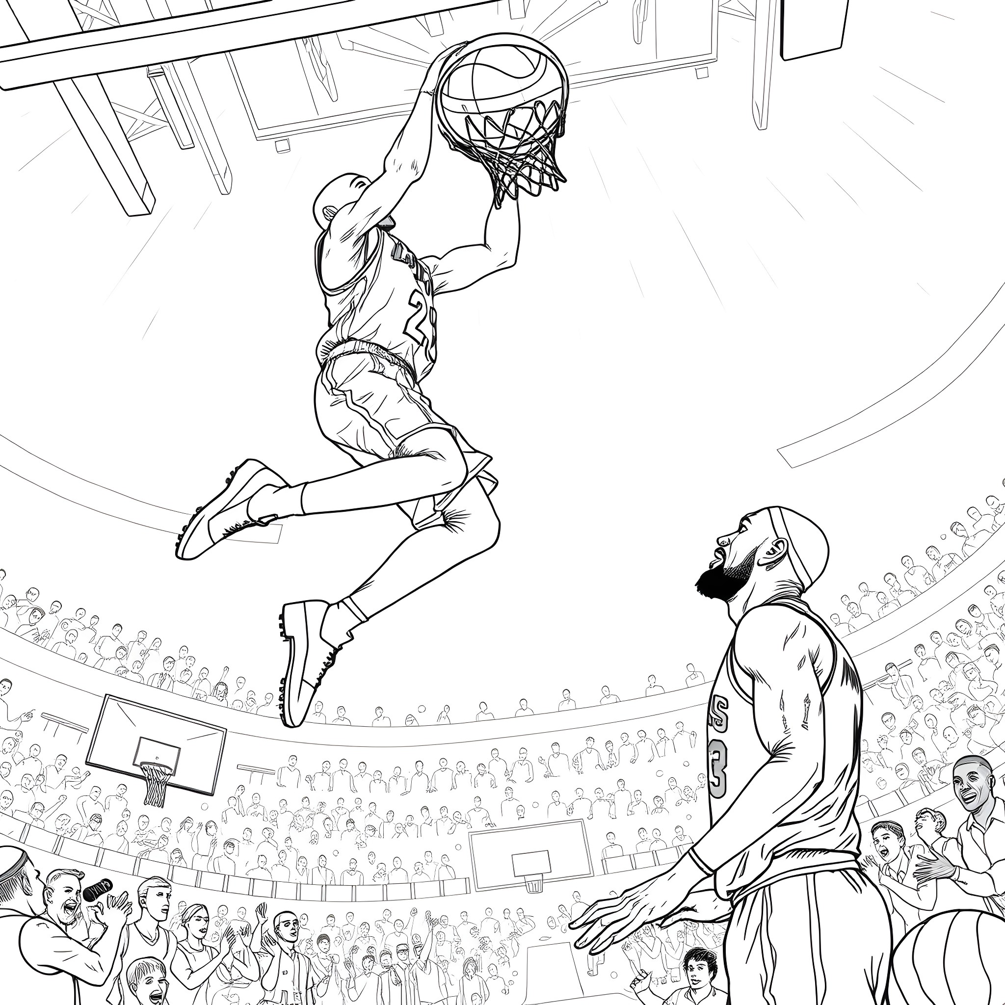 Kobe Bryant's epic dunk in a basketball game Coloring Page (free black-and-white line drawing printable PDF for all, from beginners to advanced learners, including children, teens, adults, and seniors)