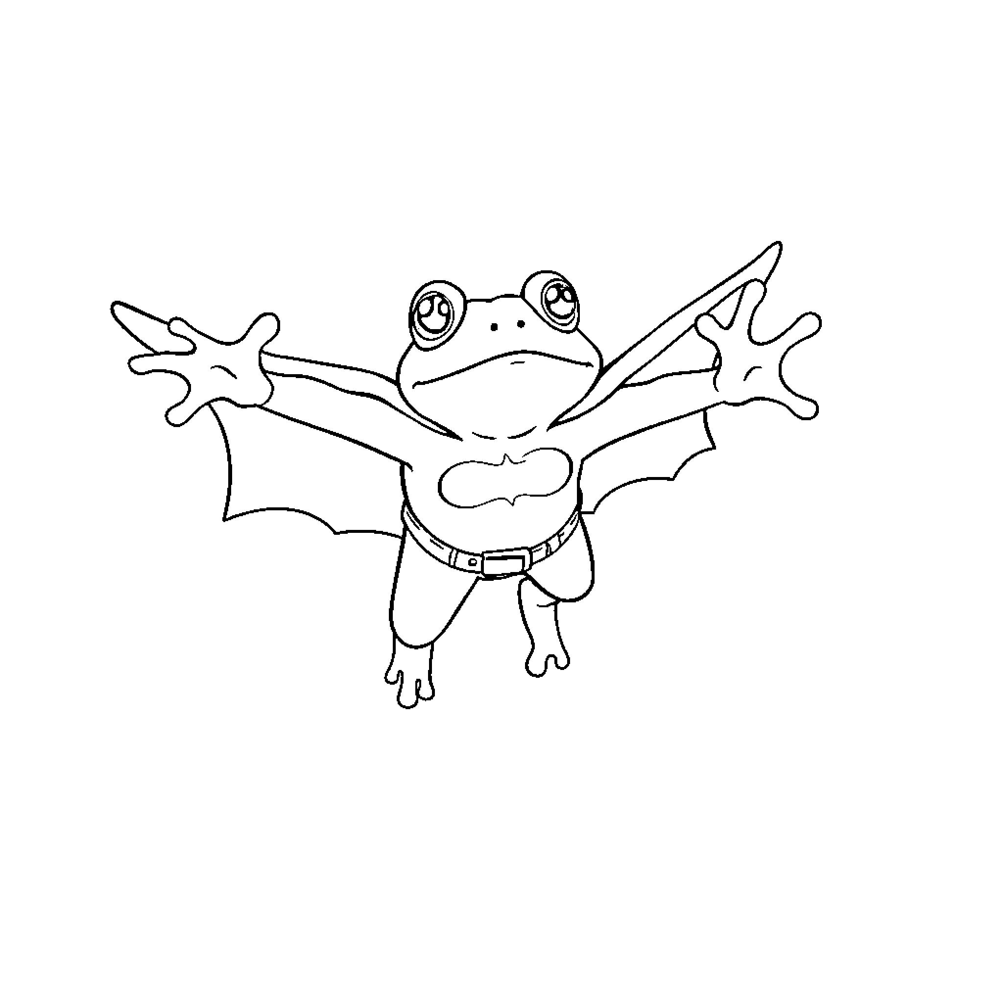 Pepe the Frog with Bat Wings Soaring Coloring Page (free black-and-white line drawing printable PDF for all, from beginners to advanced learners, including children, teens, adults, and seniors)