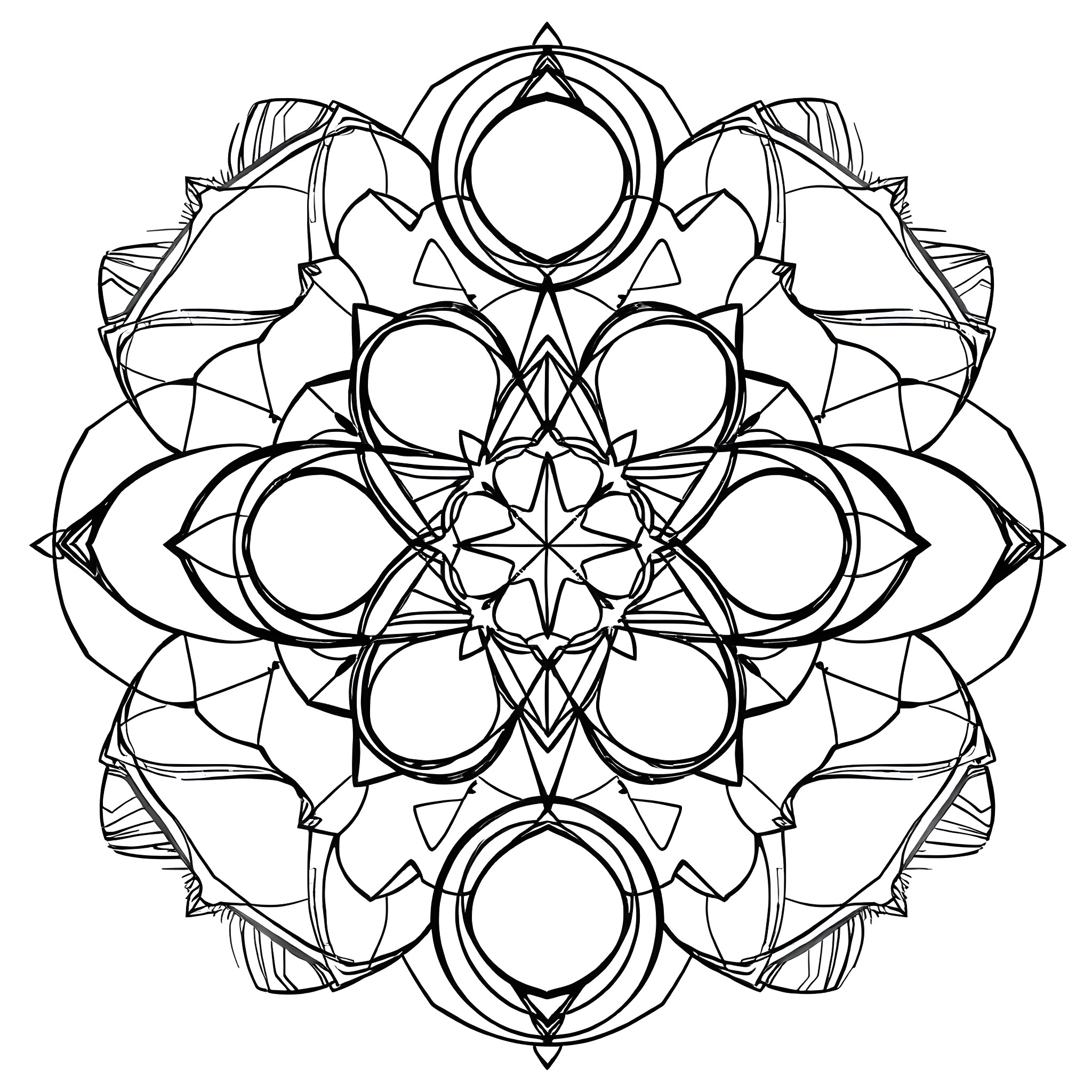 Geometric Shapes in Intricate Mandala Design Coloring Page (free black-and-white line drawing printable PDF for all, from beginners to advanced learners, including children, teens, adults, and seniors)