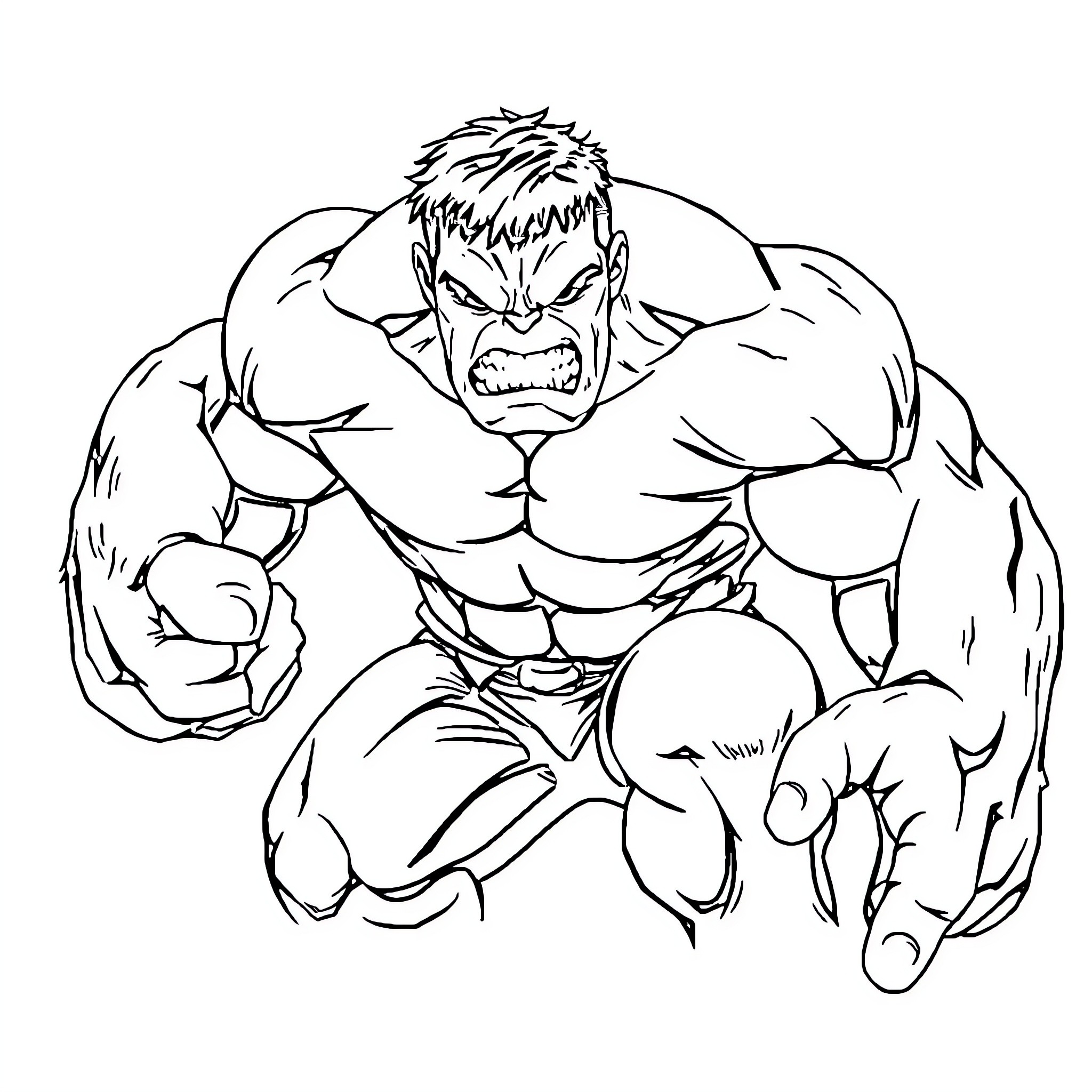 Hulk Charging Aggressively in Action Coloring Page (free black-and-white line drawing printable PDF for all, from beginners to advanced learners, including children, teens, adults, and seniors)