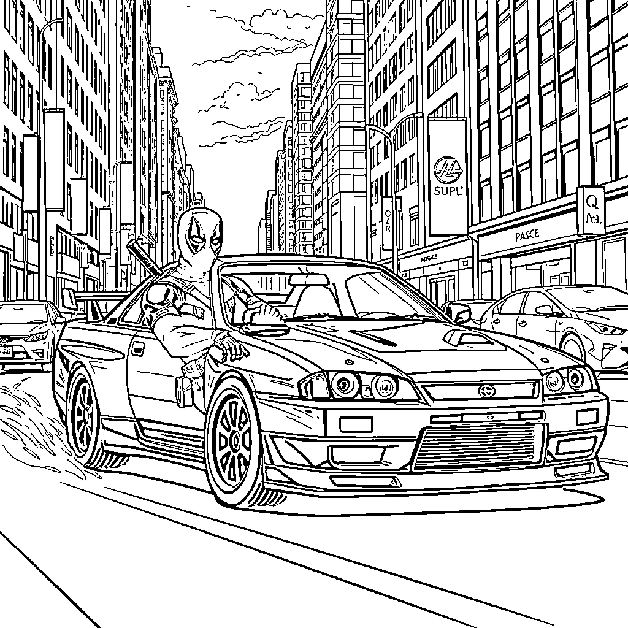 Deadpool's Thrilling City Pursuit Coloring Page (free black-and-white line drawing printable PDF for all, from beginners to advanced learners, including children, teens, adults, and seniors)