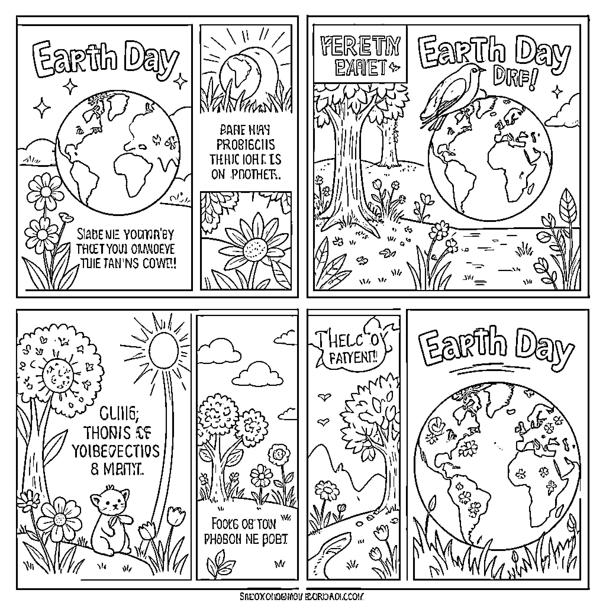 Earth Day Celebration with Diverse Scenes and Messages Coloring Page (free black-and-white line drawing printable PDF for all, from beginners to advanced learners, including children, teens, adults, and seniors)