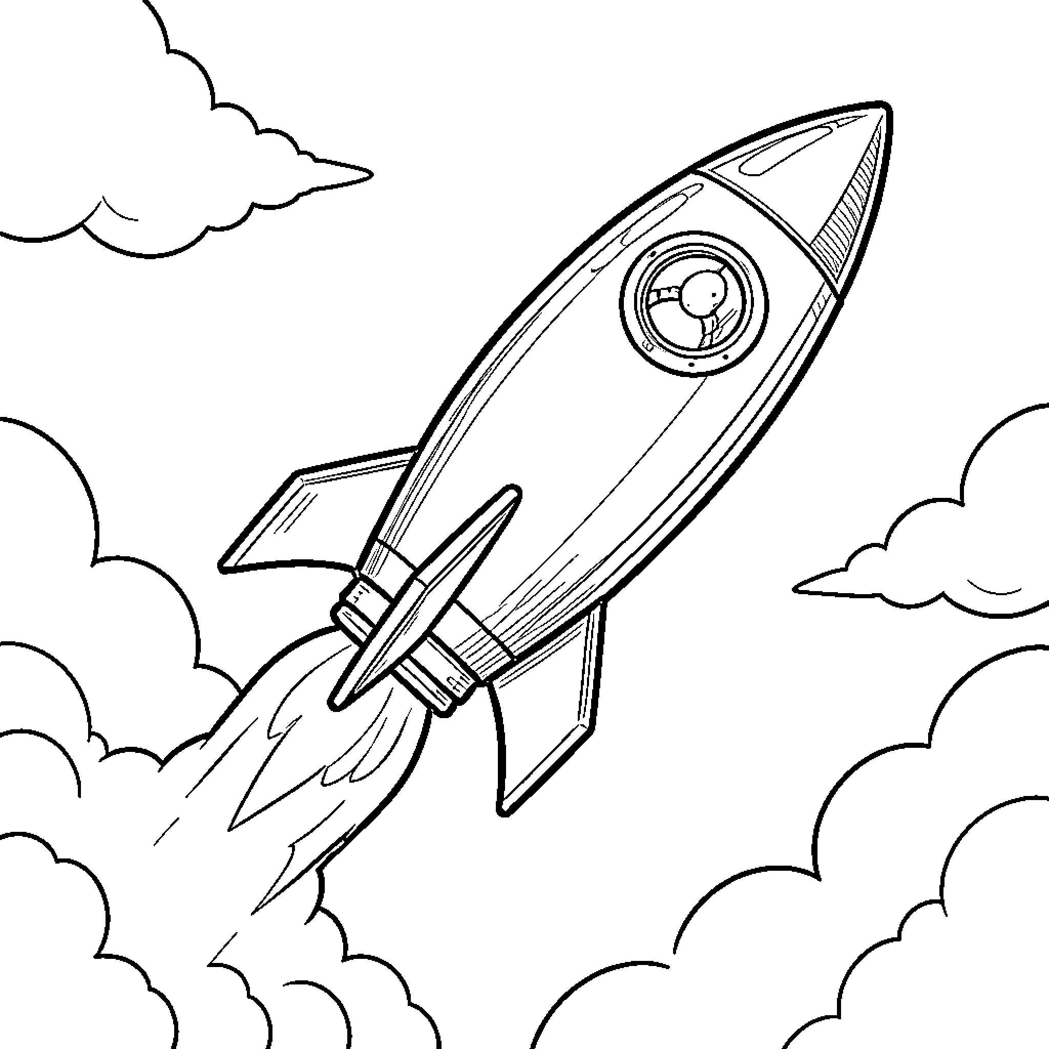 Francisco's Rocket Soaring Through the Clouds Coloring Page (free black-and-white line drawing printable PDF for all, from beginners to advanced learners, including children, teens, adults, and seniors)