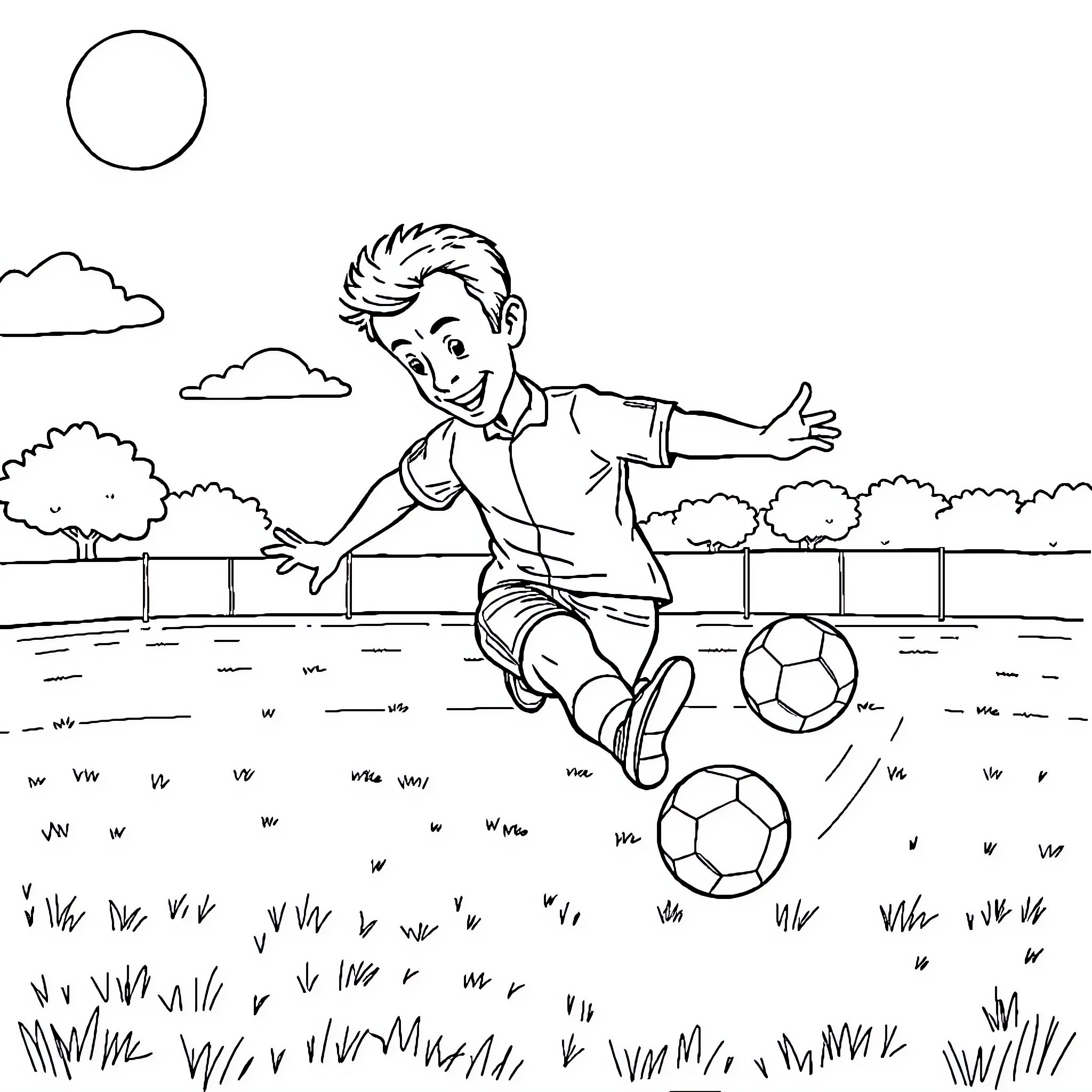 Macron playing soccer in the park Coloring Page (free black-and-white line drawing printable PDF for all, from beginners to advanced learners, including children, teens, adults, and seniors)