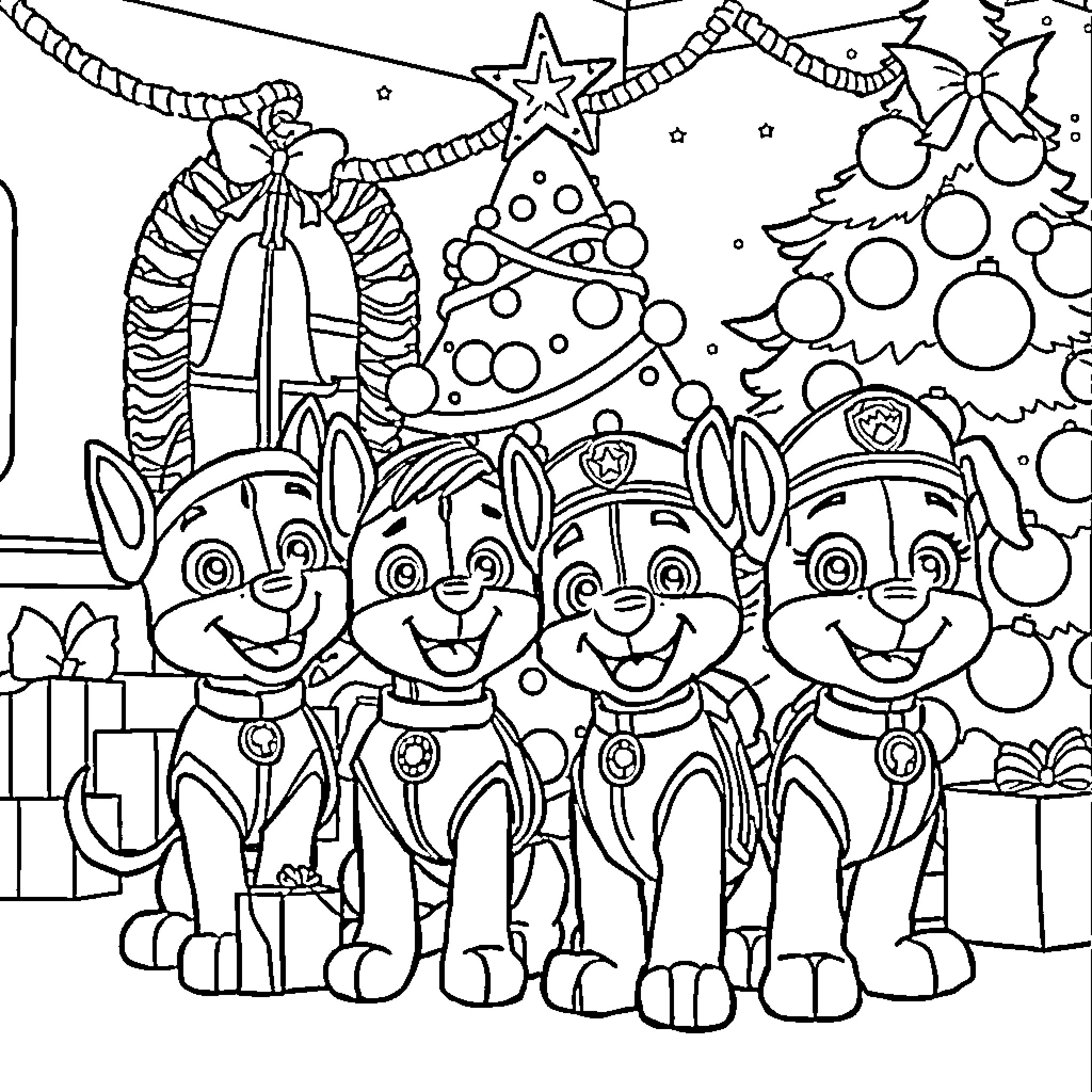 Paw Patrol Characters Celebrating Christmas Coloring Page (free black-and-white line drawing printable PDF for all, from beginners to advanced learners, including children, teens, adults, and seniors)