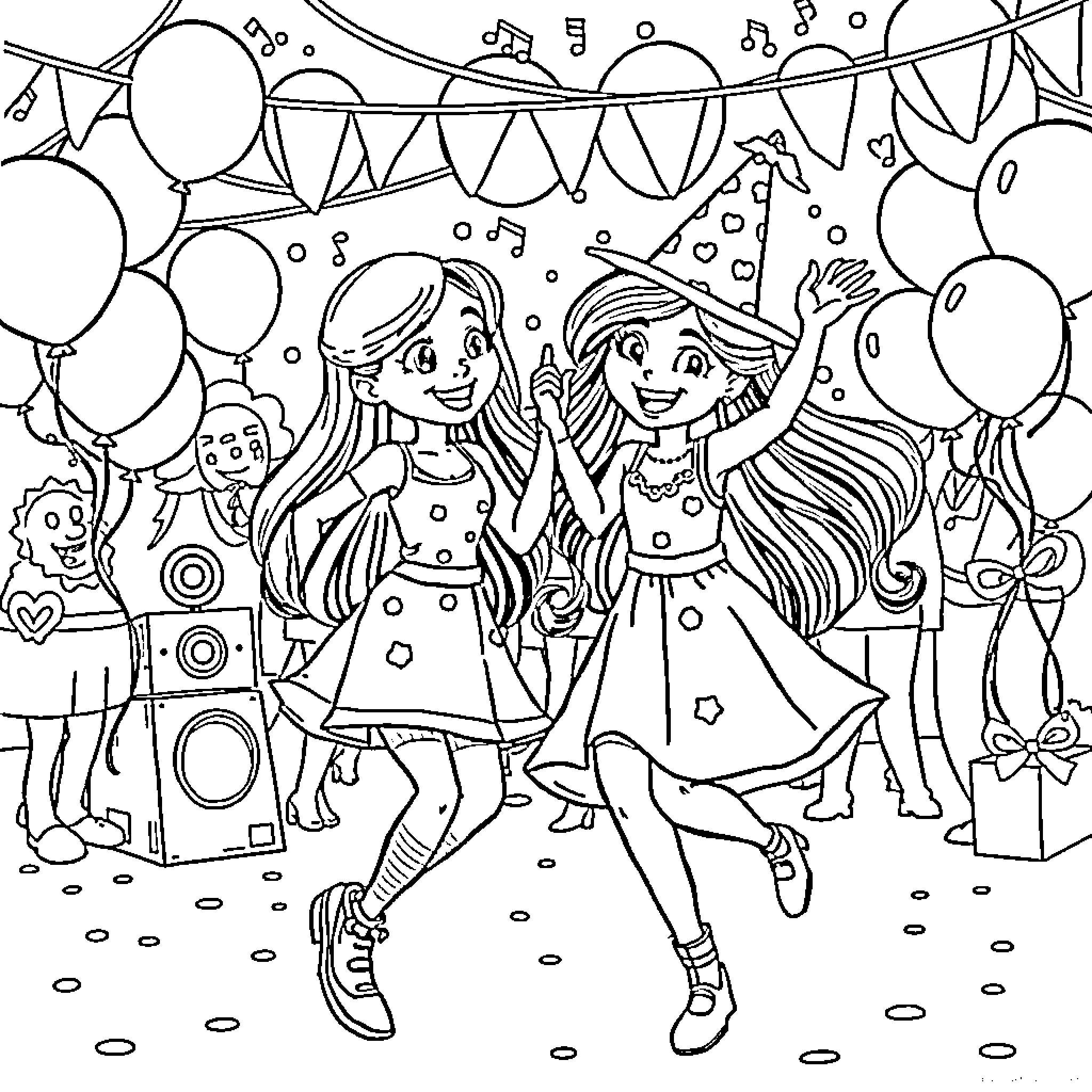 Mira's Joyful Party Celebration Coloring Page (free black-and-white line drawing printable PDF for all, from beginners to advanced learners, including children, teens, adults, and seniors)