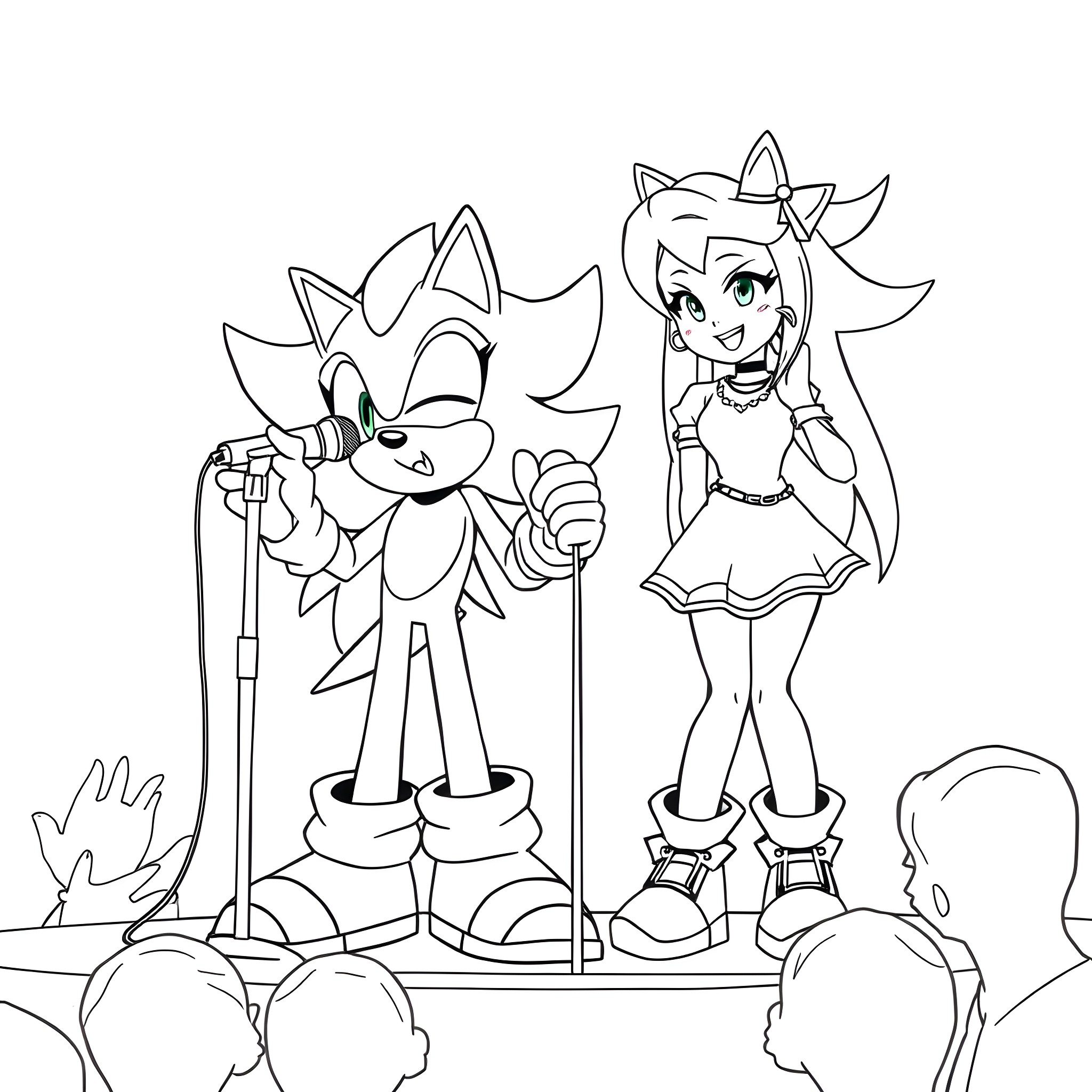 Shadow of Hedgehog and Girl Performing on Stage Coloring Page (free black-and-white line drawing printable PDF for all, from beginners to advanced learners, including children, teens, adults, and seniors)