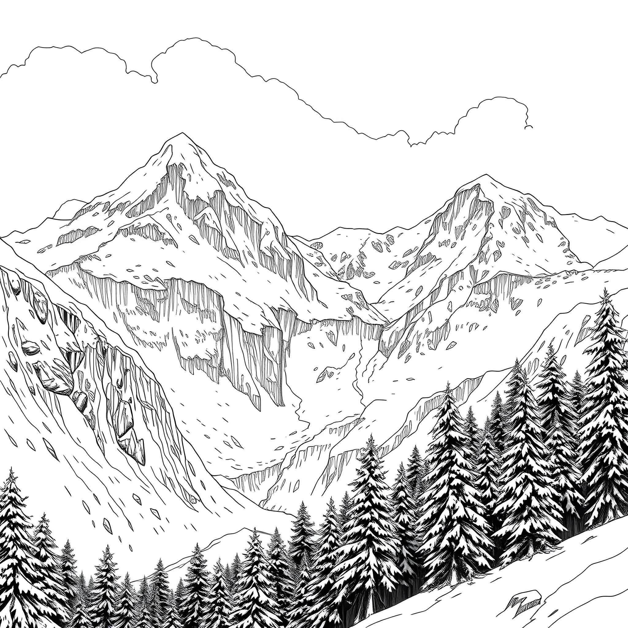 Snow-covered mountain scenery with pine trees Coloring Page (free black-and-white line drawing printable PDF for all, from beginners to advanced learners, including children, teens, adults, and seniors)