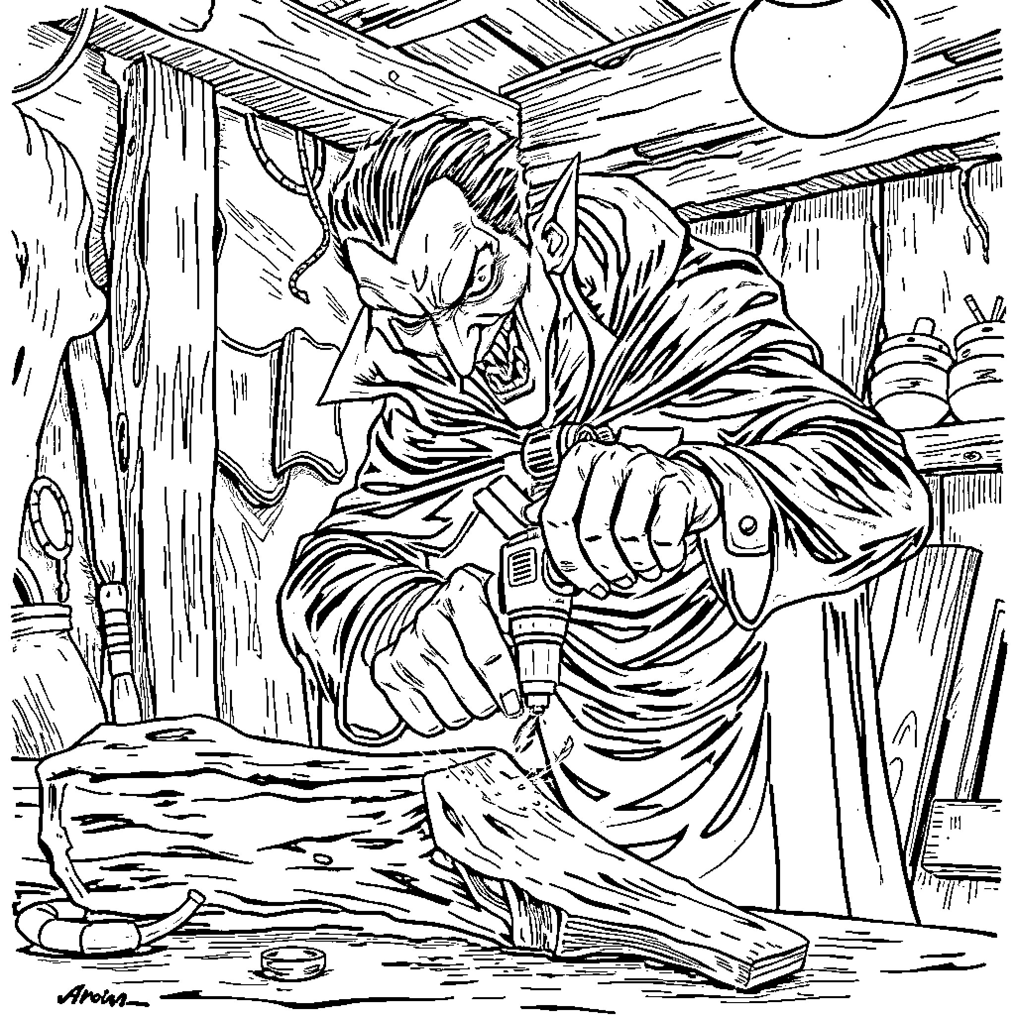 Vampire lurking in gloomy cabin Coloring Page (free black-and-white line drawing printable PDF for all, from beginners to advanced learners, including children, teens, adults, and seniors)