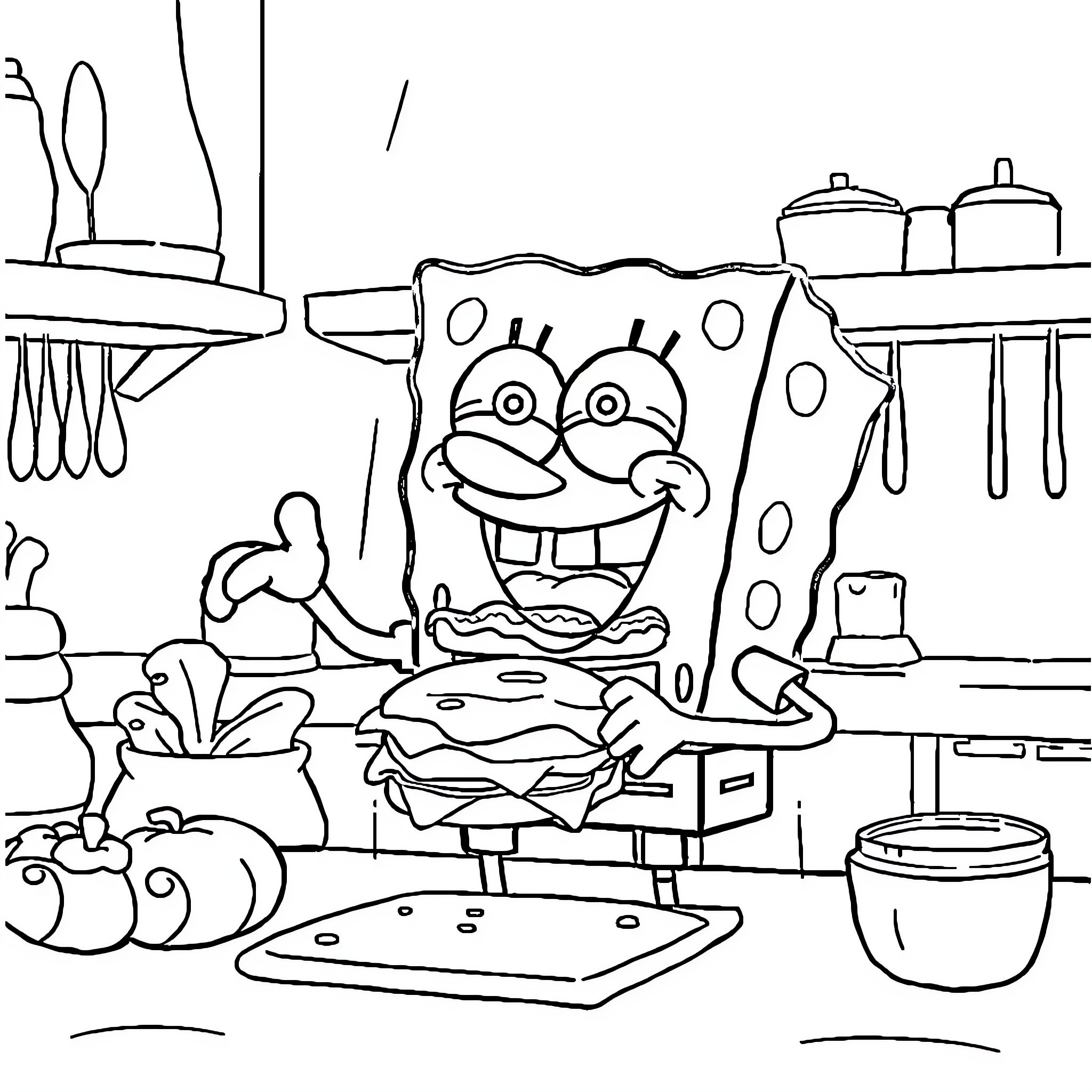 Spongebob cooking happily in his kitchen Coloring Page (free black-and-white line drawing printable PDF for all, from beginners to advanced learners, including children, teens, adults, and seniors)