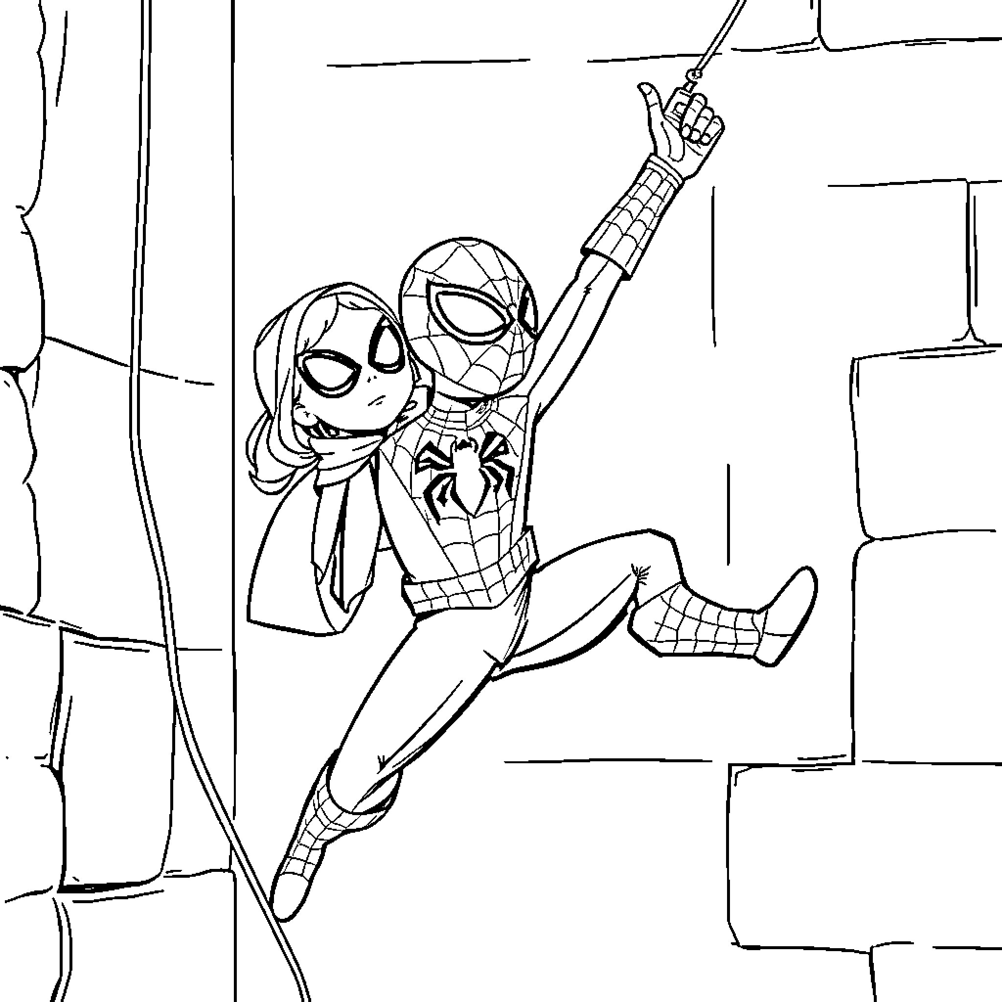 Spiderman swinging through the city Coloring Page (free black-and-white line drawing printable PDF for all, from beginners to advanced learners, including children, teens, adults, and seniors)