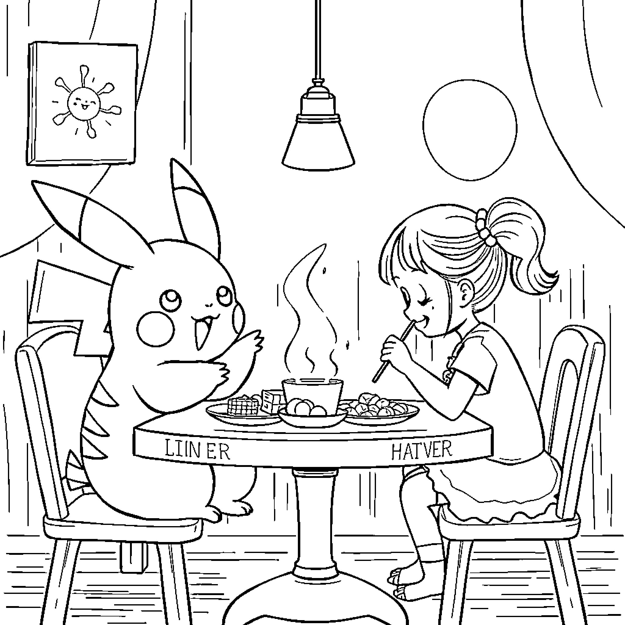 Pikachu enjoying a meal with a young girl Coloring Page (free black-and-white line drawing printable PDF for all, from beginners to advanced learners, including children, teens, adults, and seniors)
