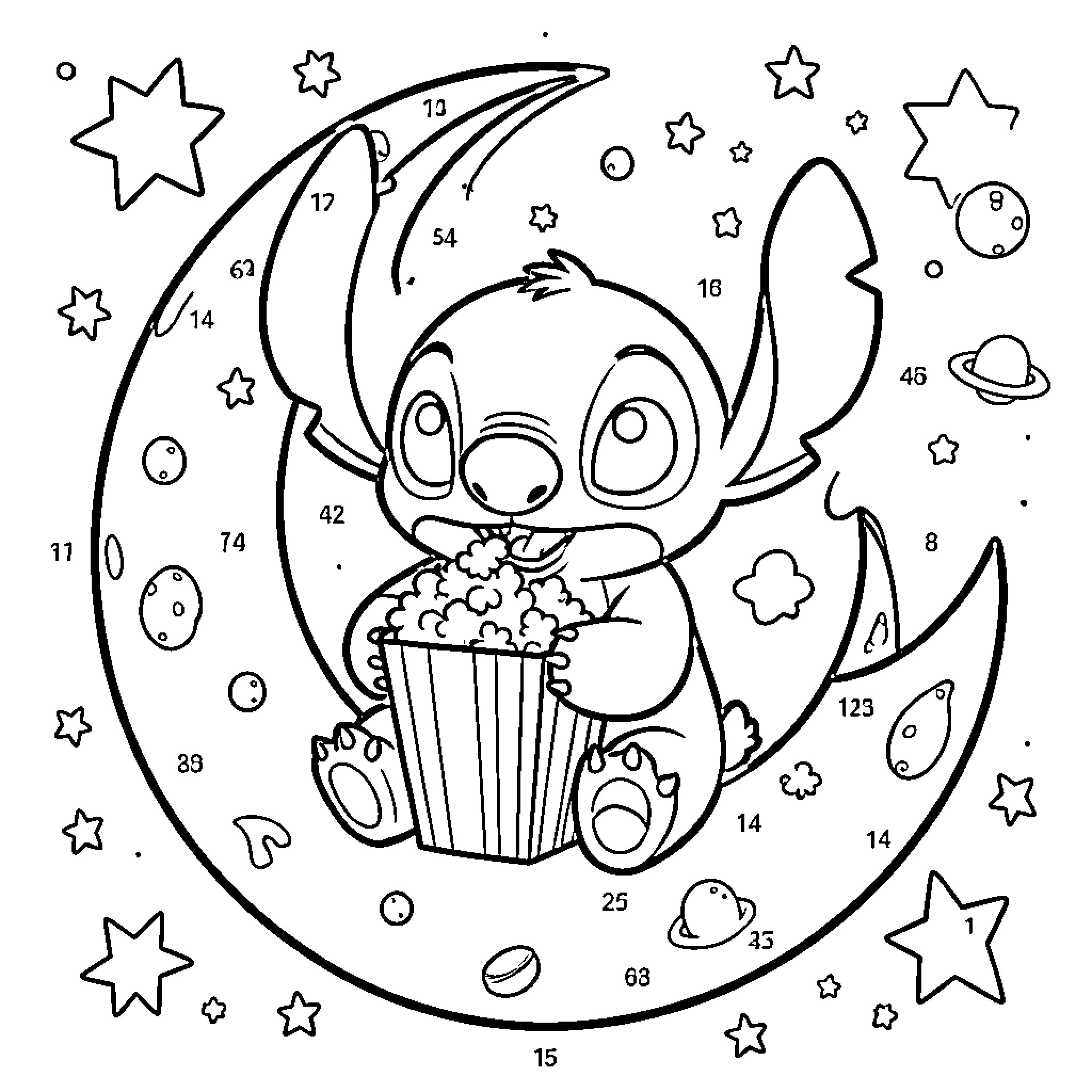 Stitch enjoying snacks under the starry night Coloring Page (free black-and-white line drawing printable PDF for all, from beginners to advanced learners, including children, teens, adults, and seniors)