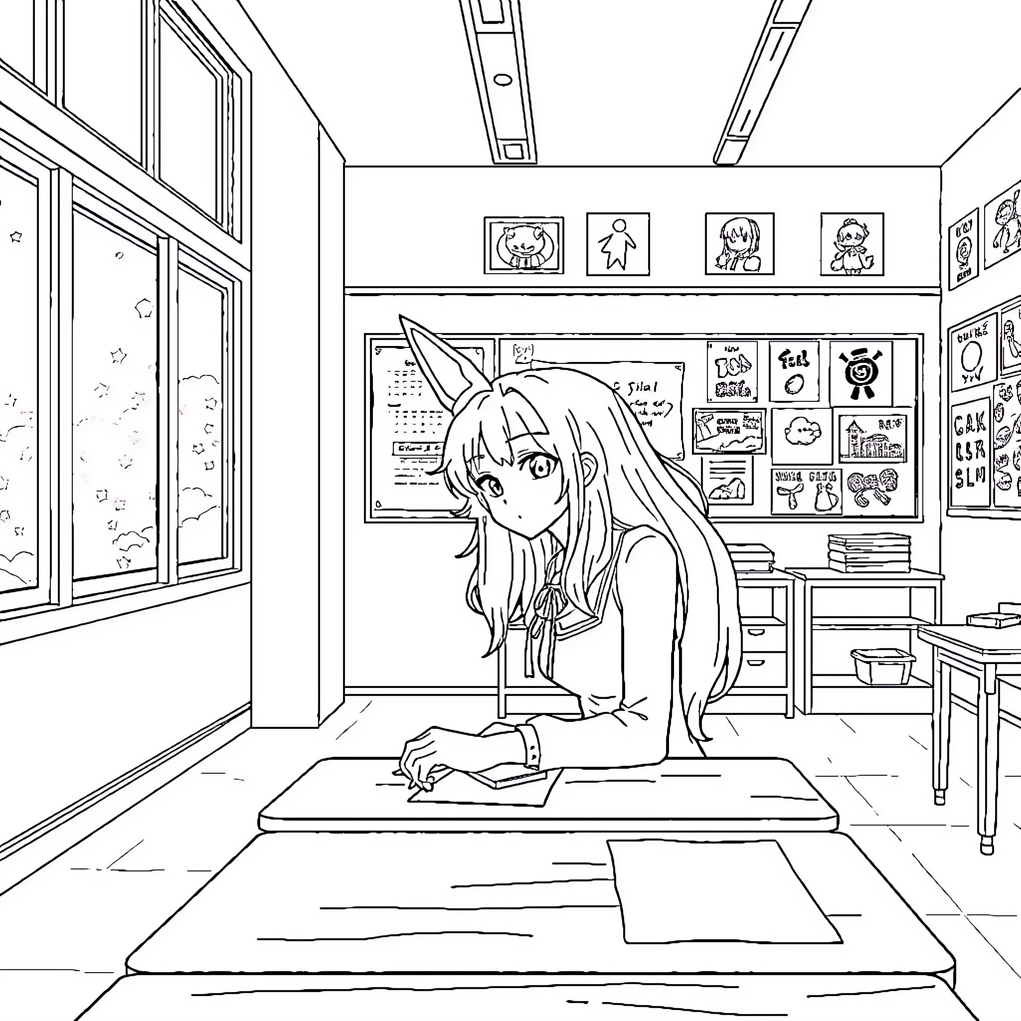 NOVA USAGI: Student Studying in Classroom Coloring Page (free black-and-white line drawing printable PDF for all, from beginners to advanced learners, including children, teens, adults, and seniors)