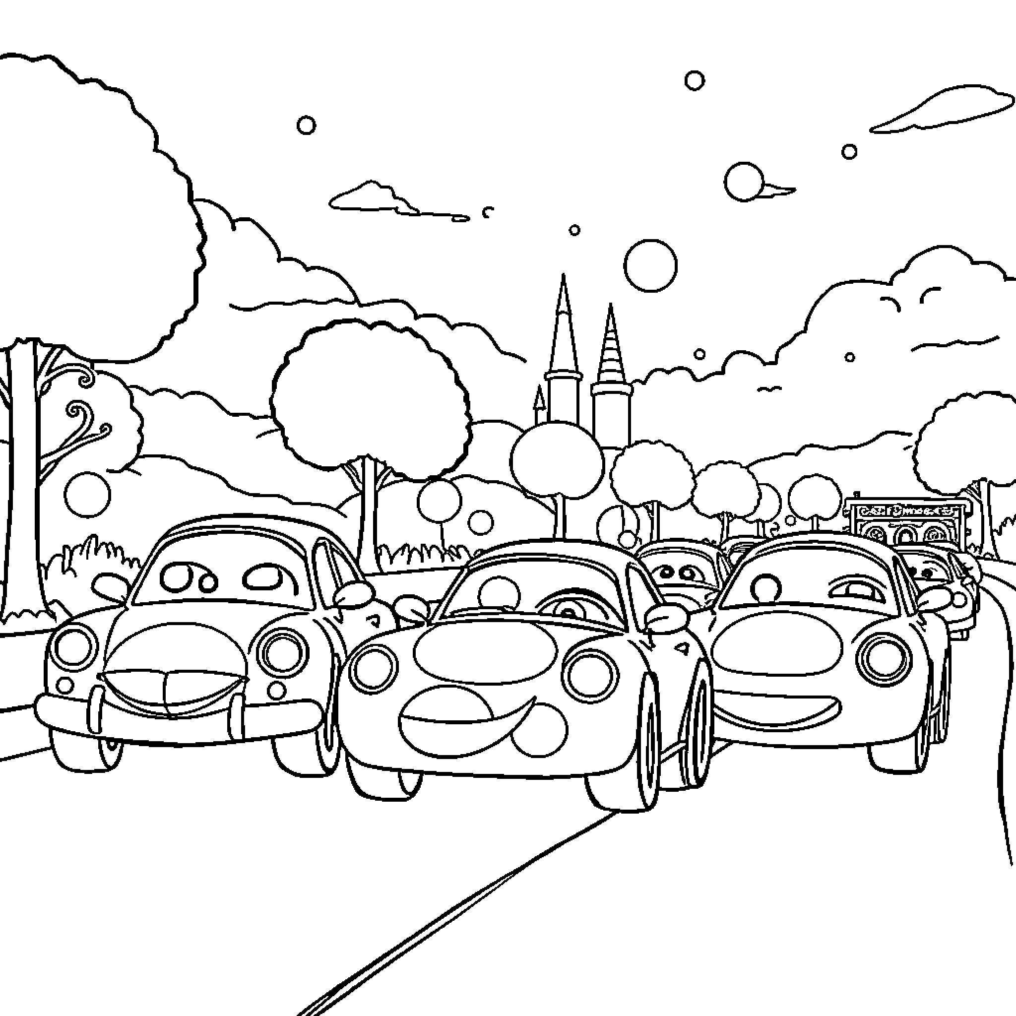 Car cartoon characters on the road Coloring Page (free black-and-white line drawing printable PDF for all, from beginners to advanced learners, including children, teens, adults, and seniors)