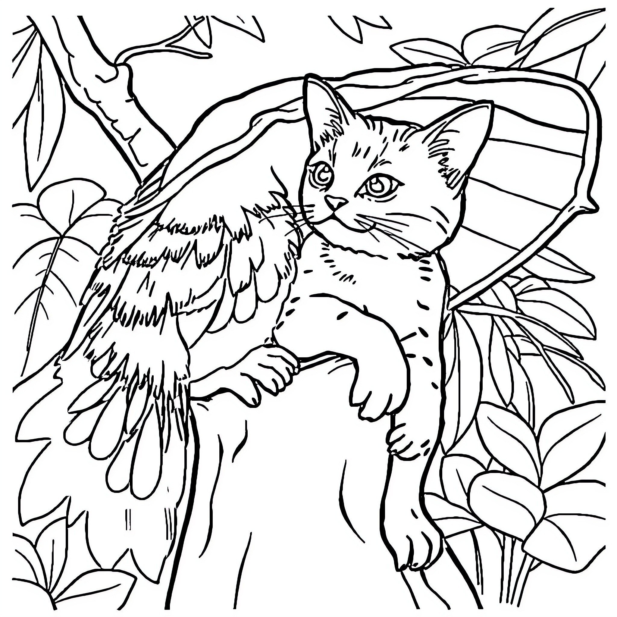 Cat in Tropical Foliage Coloring Page (free black-and-white line drawing printable PDF for all, from beginners to advanced learners, including children, teens, adults, and seniors)