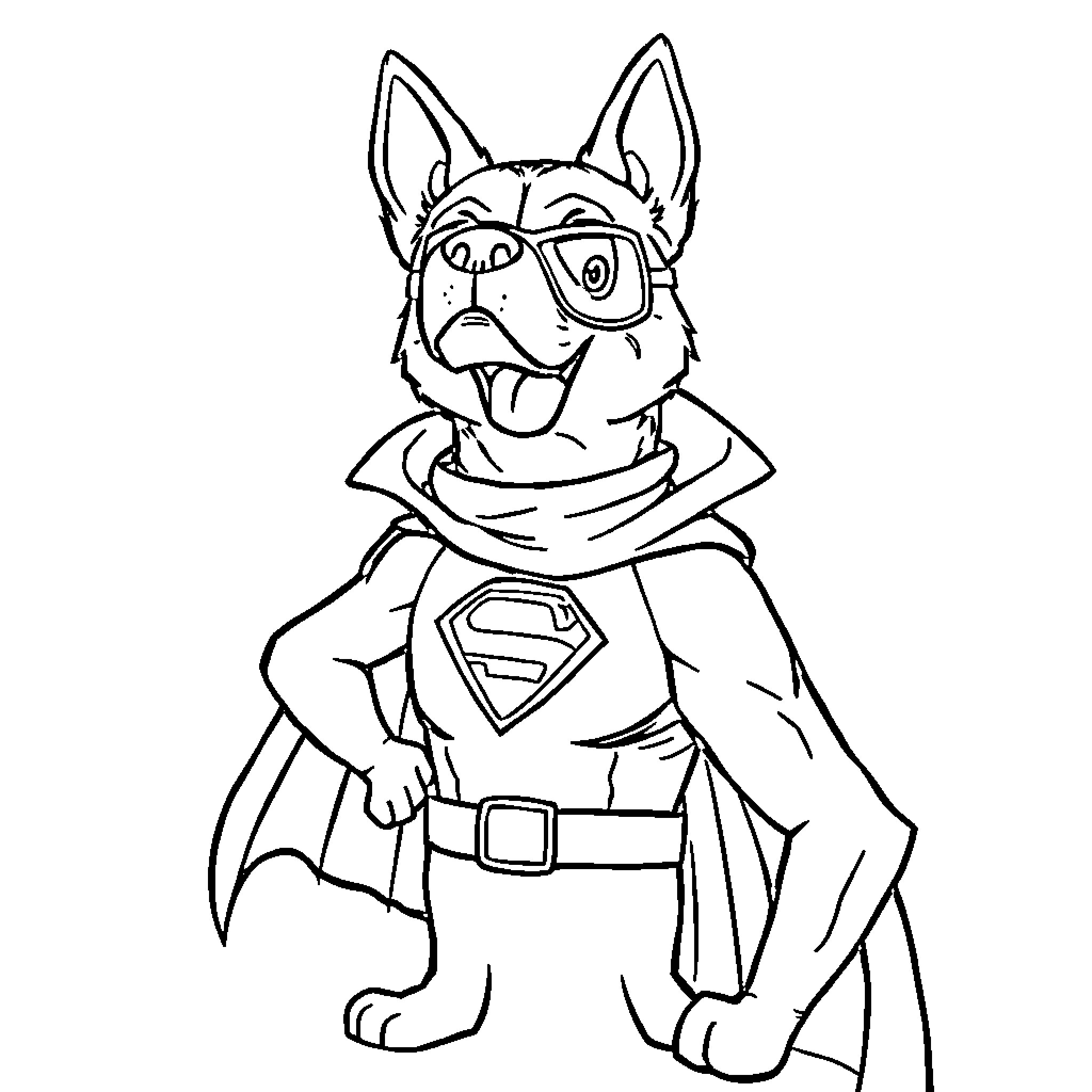 Dogman dressed as a superhero Coloring Page (free black-and-white line drawing printable PDF for all, from beginners to advanced learners, including children, teens, adults, and seniors)