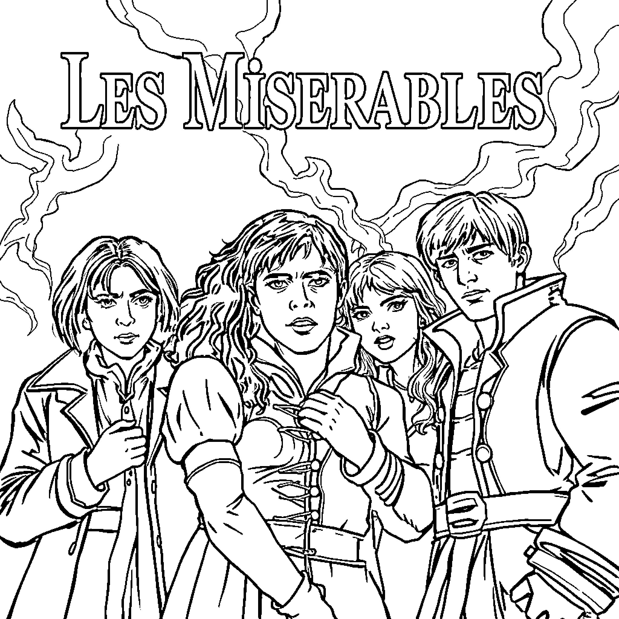 Les Miserables: Characters in Dramatic Poses Coloring Page (free black-and-white line drawing printable PDF for all, from beginners to advanced learners, including children, teens, adults, and seniors)