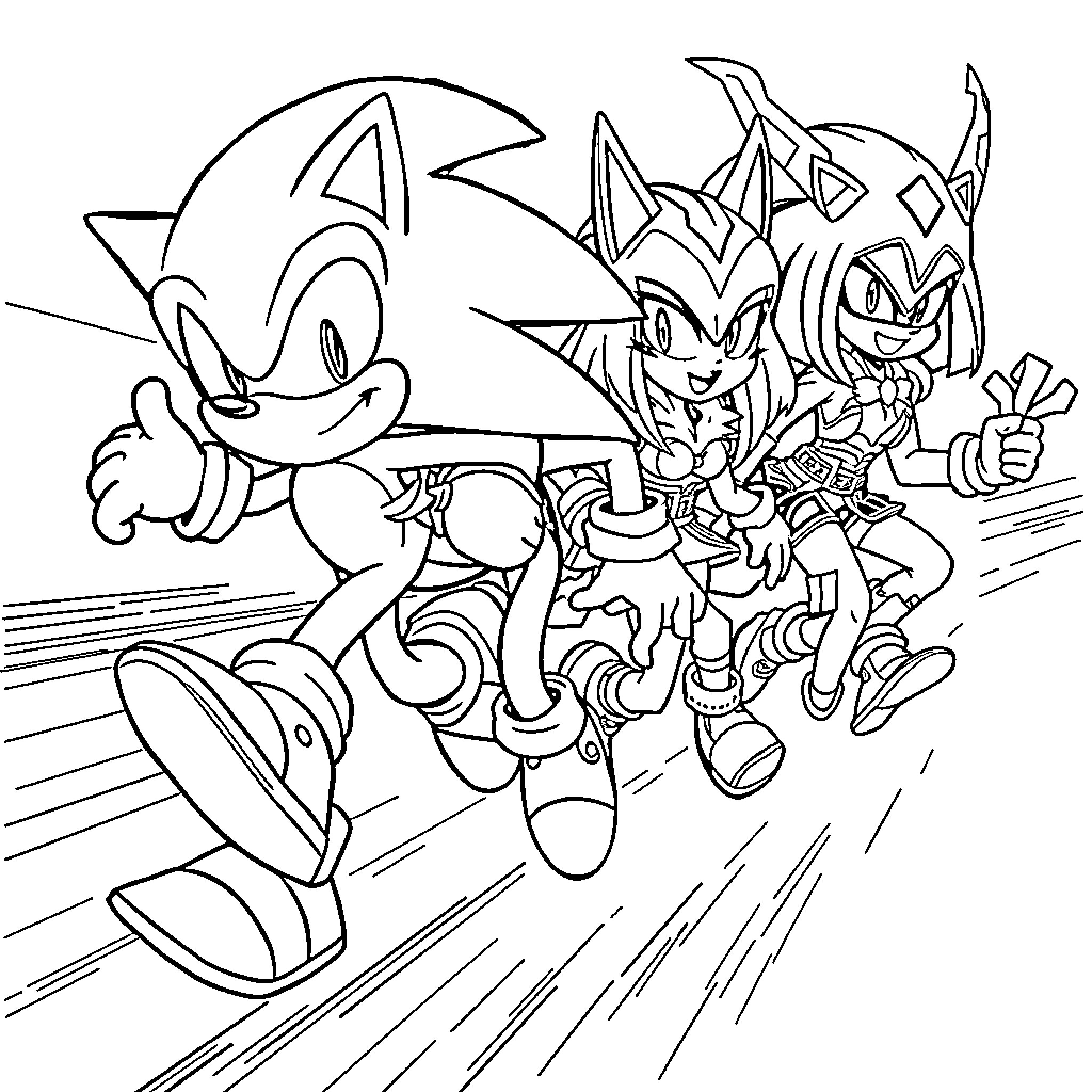 Sonic and friends in an energetic scene Coloring Page (free black-and-white line drawing printable PDF for all, from beginners to advanced learners, including children, teens, adults, and seniors)